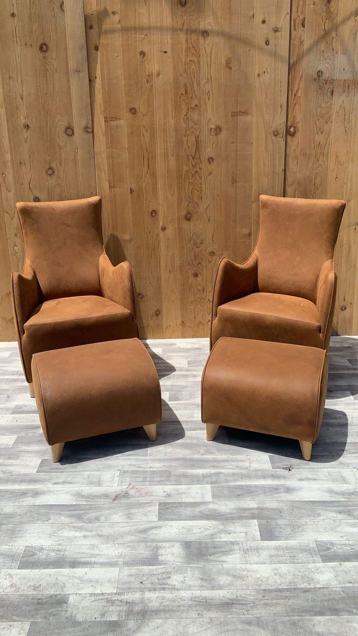 Vintage Mid Century Modern Gerard Van Den Berg 2 Lounge Chairs & 2 Ottomans Newly Upholstered in Natural Raw Leather - 4 Piece Set

Stunning mid century modern living room set consists of two lounge chairs and two ottoman by Gerard Van Den Berg. We