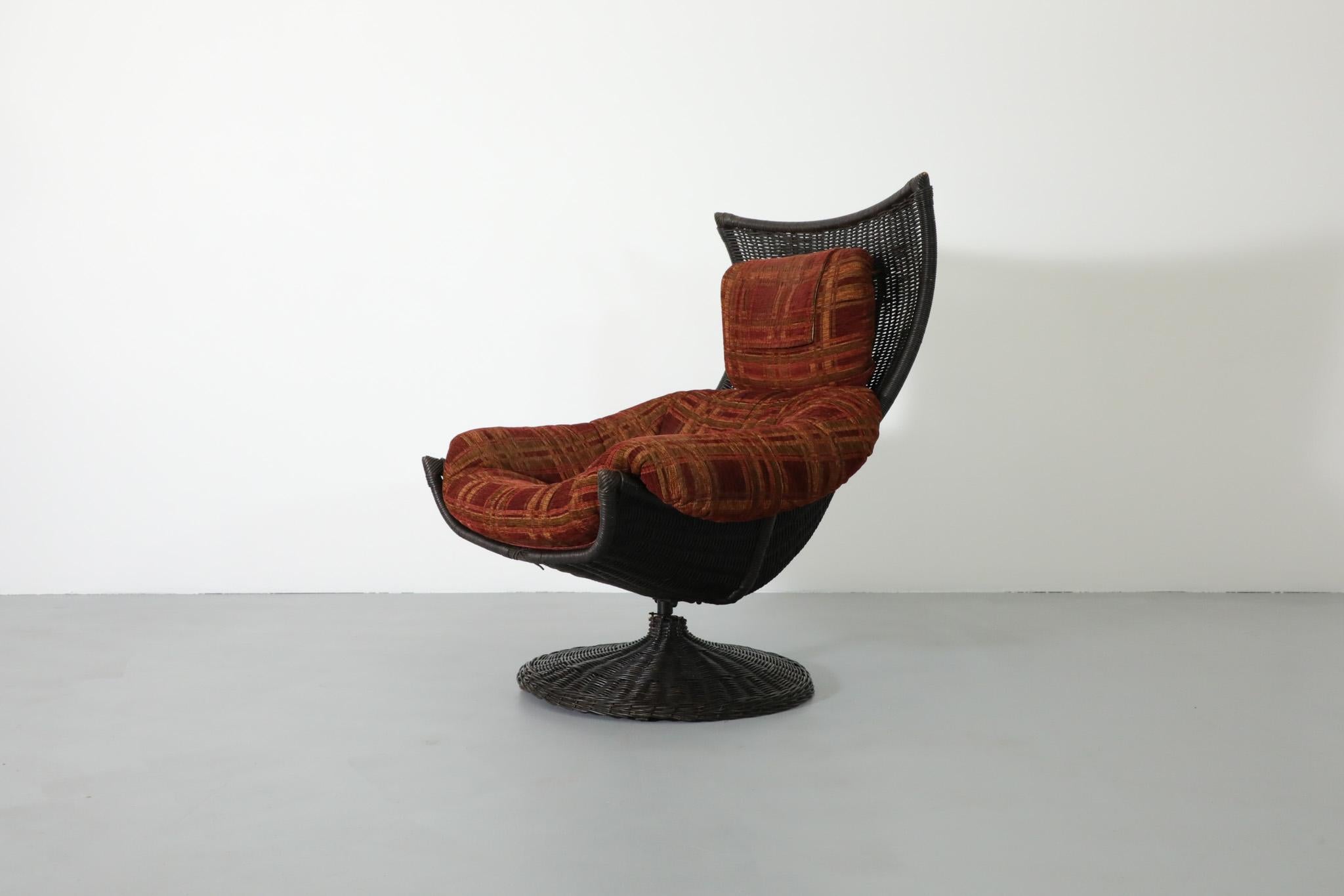 Mid-Century Modern Gerard van den Berg Black Rattan Lounge Chair with Fabric Cushions 