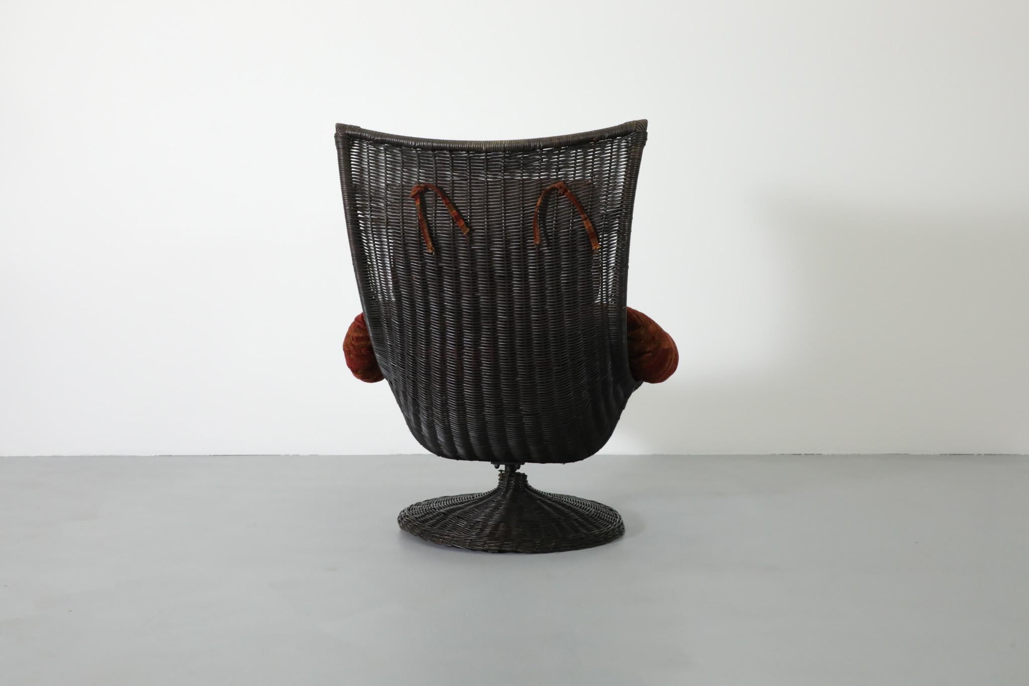 Mid-20th Century Gerard van den Berg Black Rattan Lounge Chair with Fabric Cushions 
