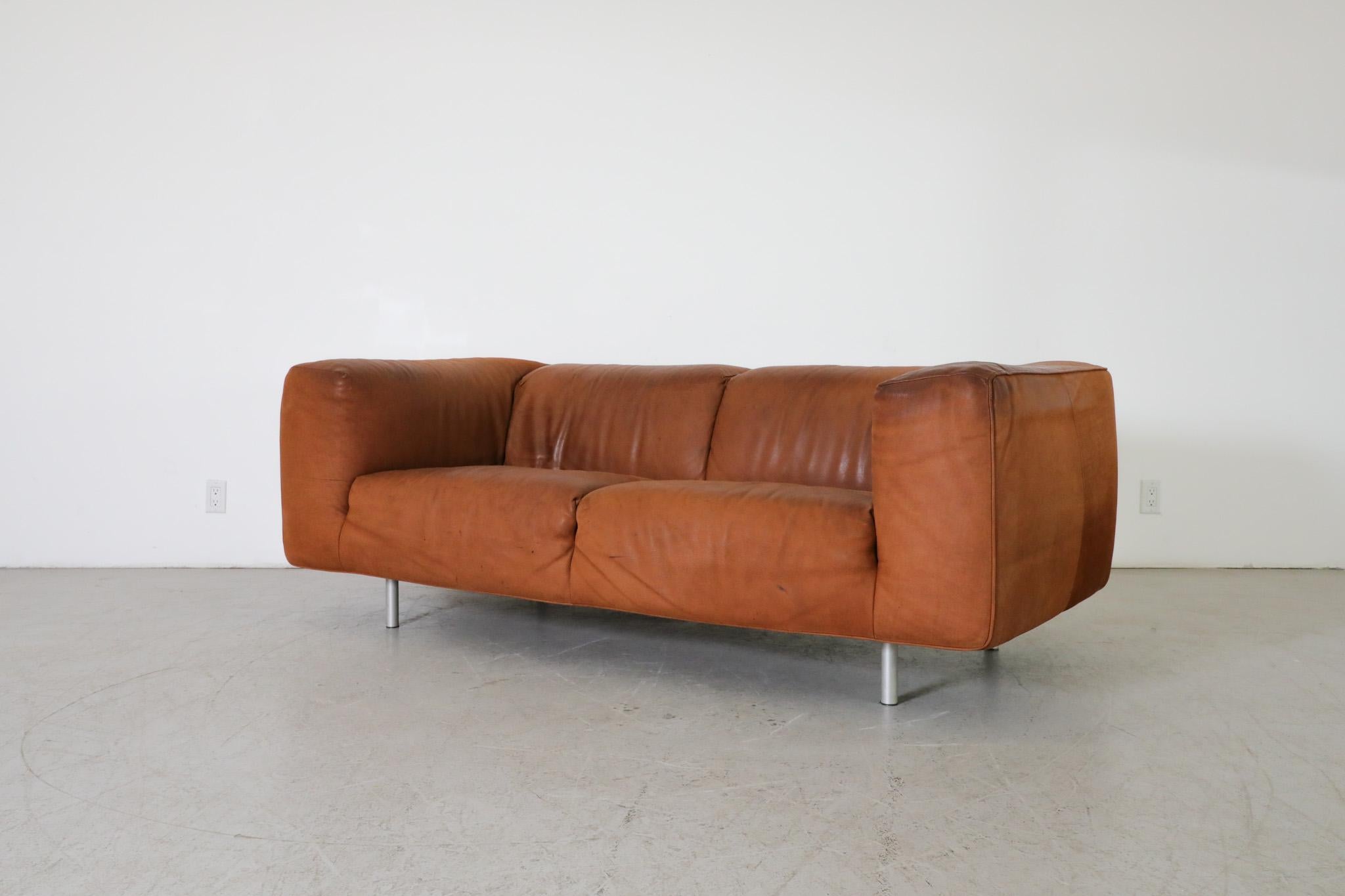 Mid-Century Modern Gerard van den Berg Cognac Leather Soft Form Sofa with Aluminum Legs 
