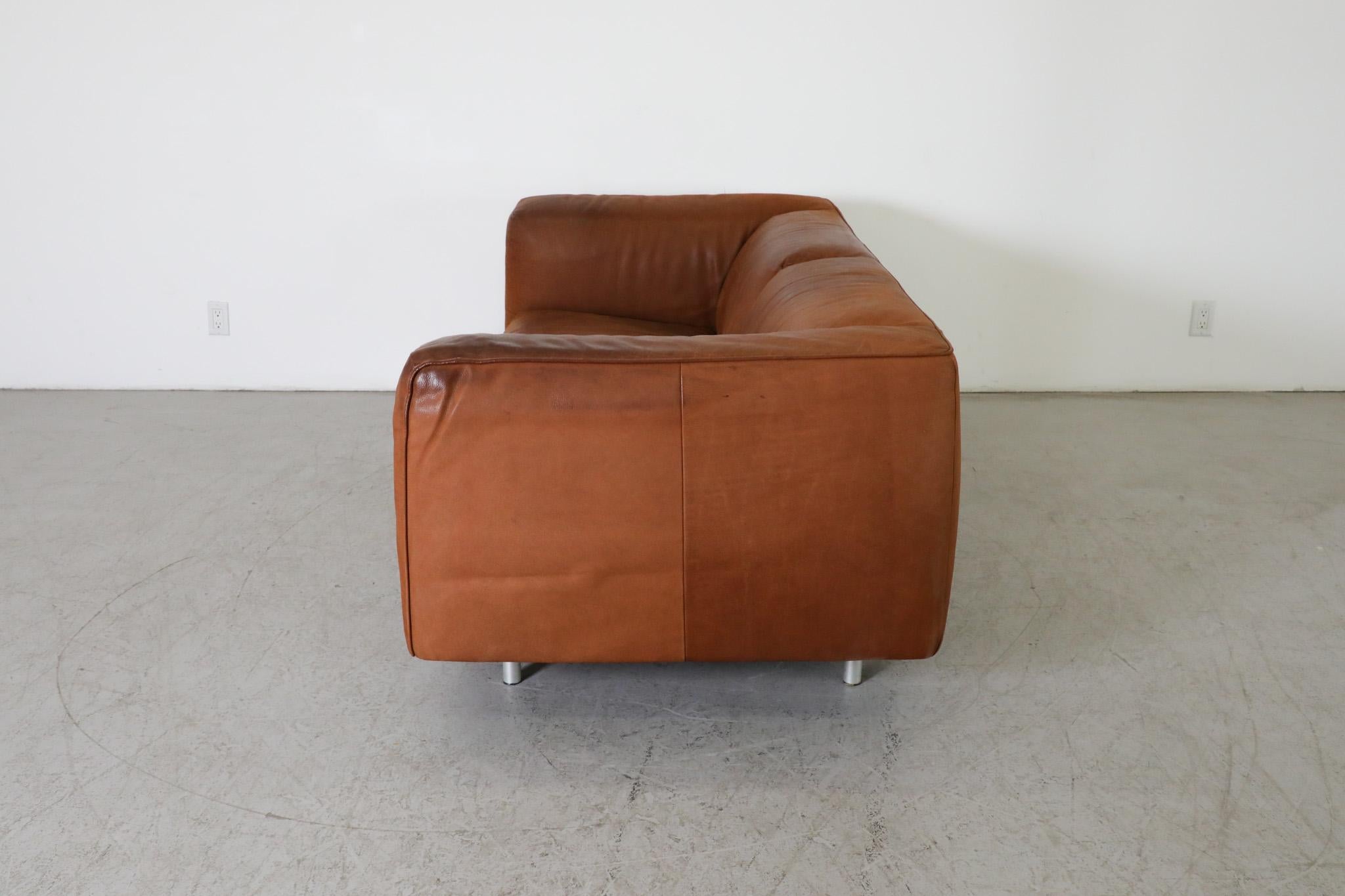 Gerard van den Berg Cognac Leather Soft Form Sofa with Aluminum Legs  In Good Condition For Sale In Los Angeles, CA
