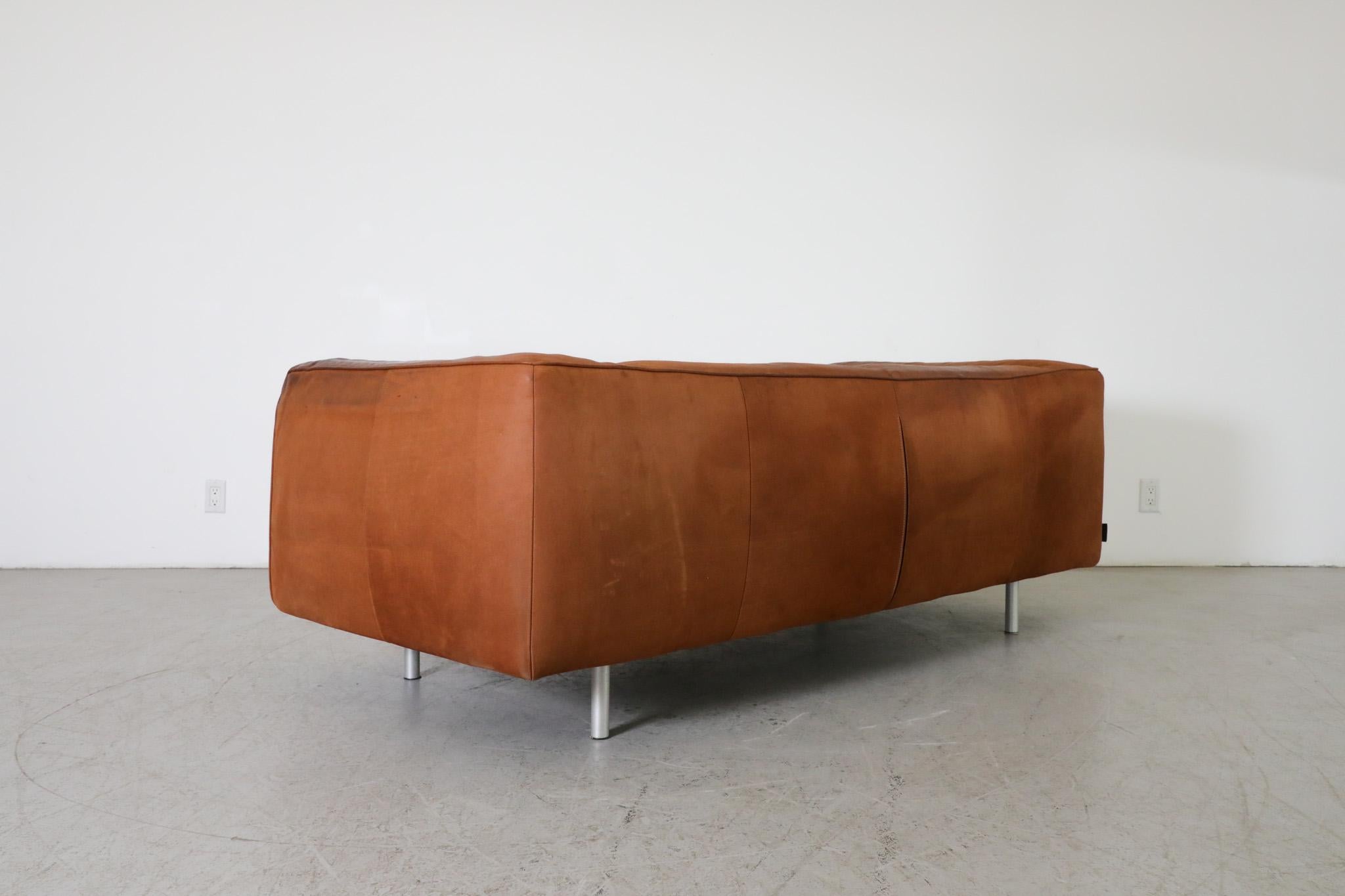 Mid-20th Century Gerard van den Berg Cognac Leather Soft Form Sofa with Aluminum Legs 