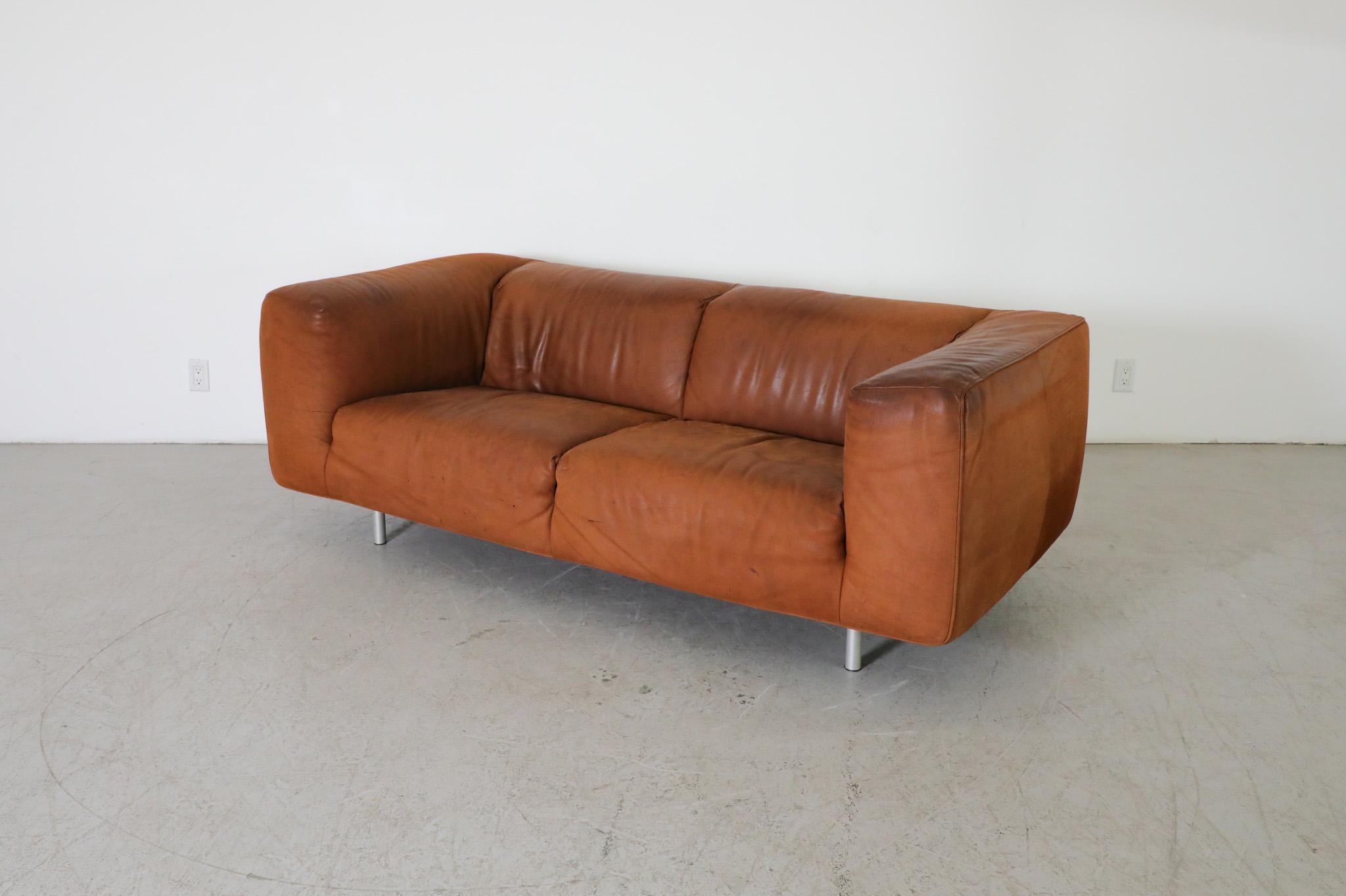 Gerard van den Berg Cognac Leather Soft Form Sofa with Aluminum Legs  For Sale 2