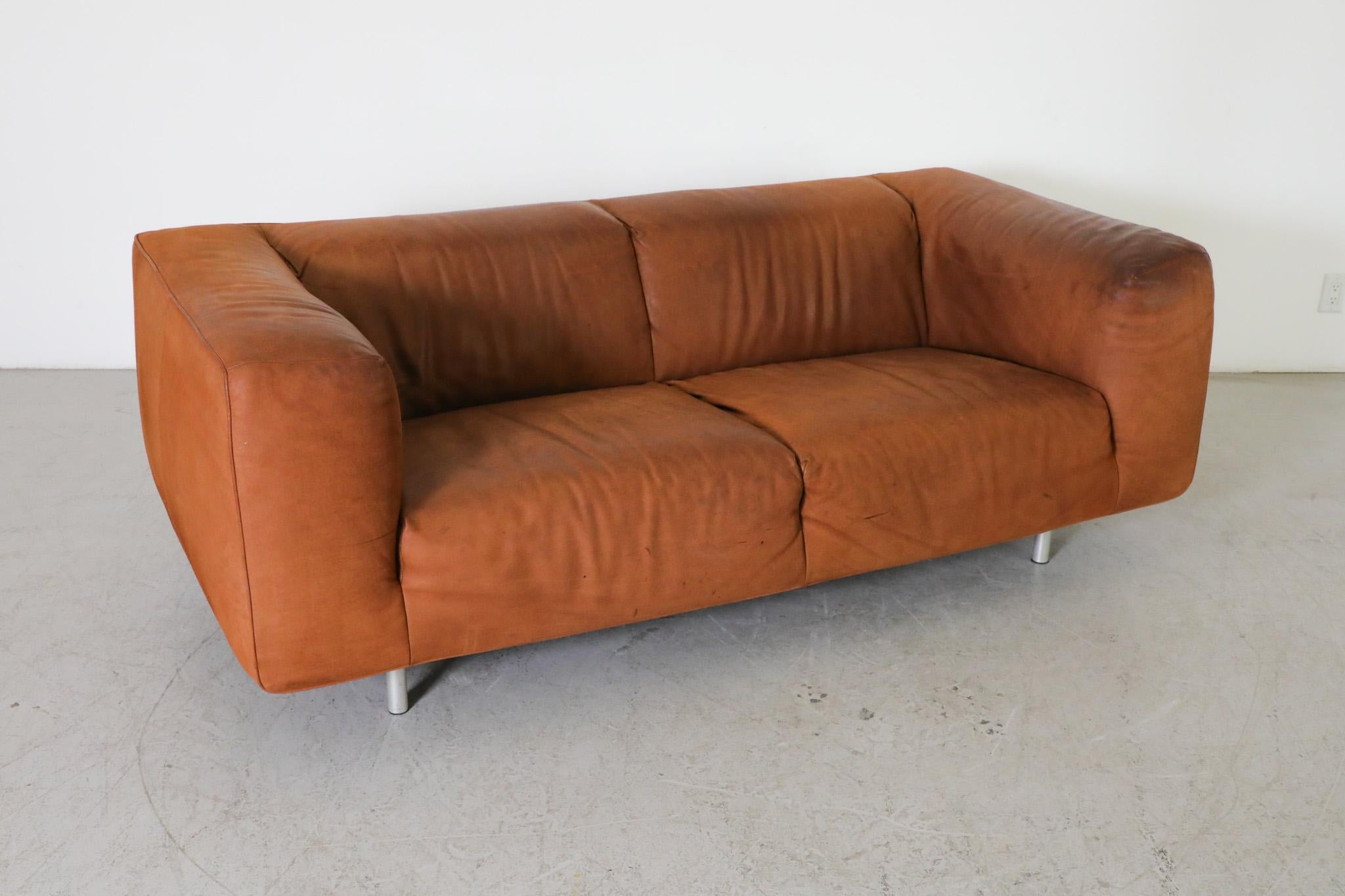 Gerard van den Berg Cognac Leather Soft Form Sofa with Aluminum Legs  For Sale 3