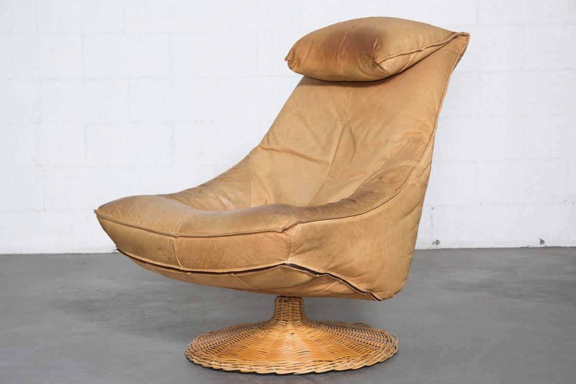 Dutch Gerard Van Den Berg Delantra Leather and Rattan Lounge Chair