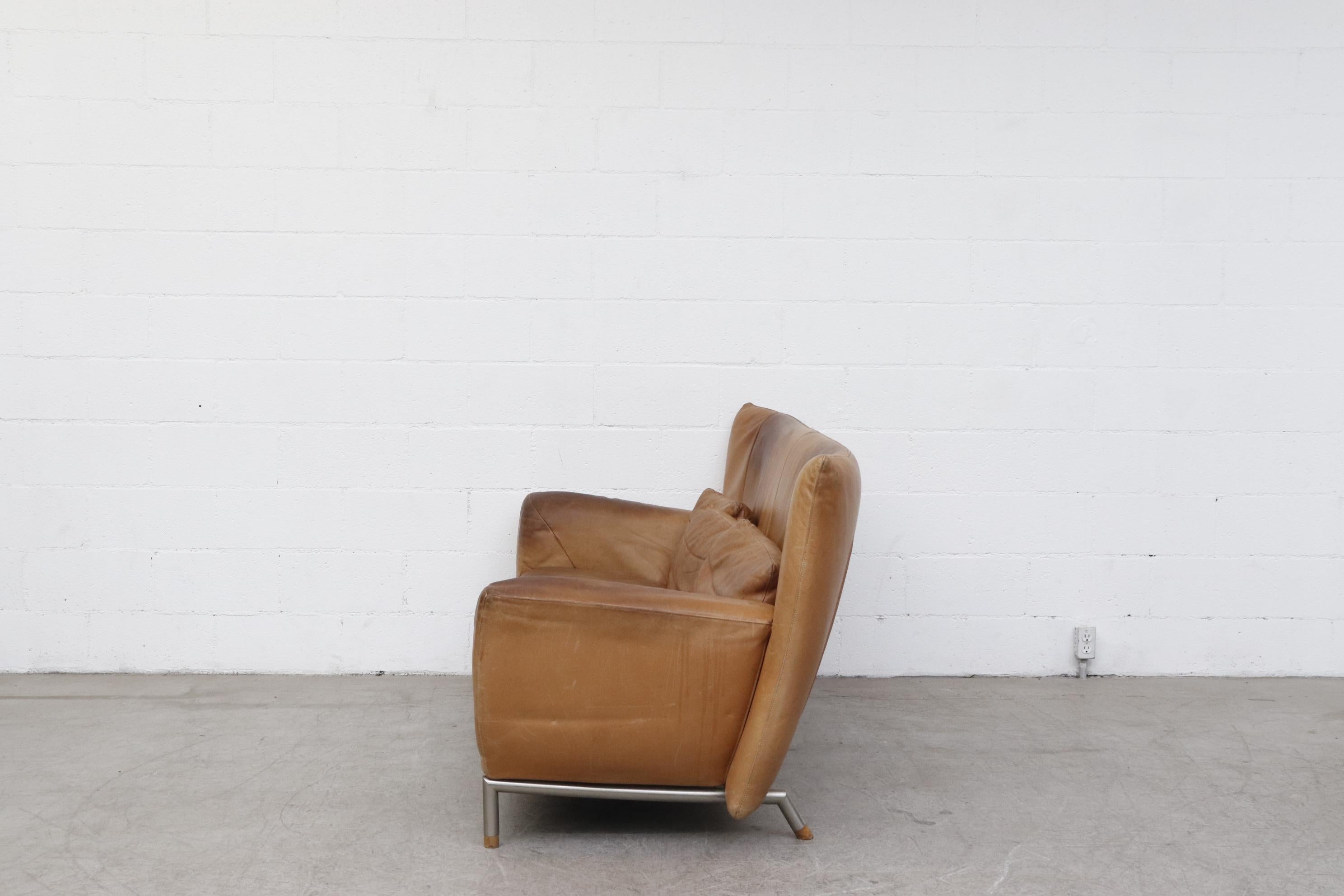 Mid-Century Modern Gerard Van Den Berg High Back Natural Leather Sofa for Montis