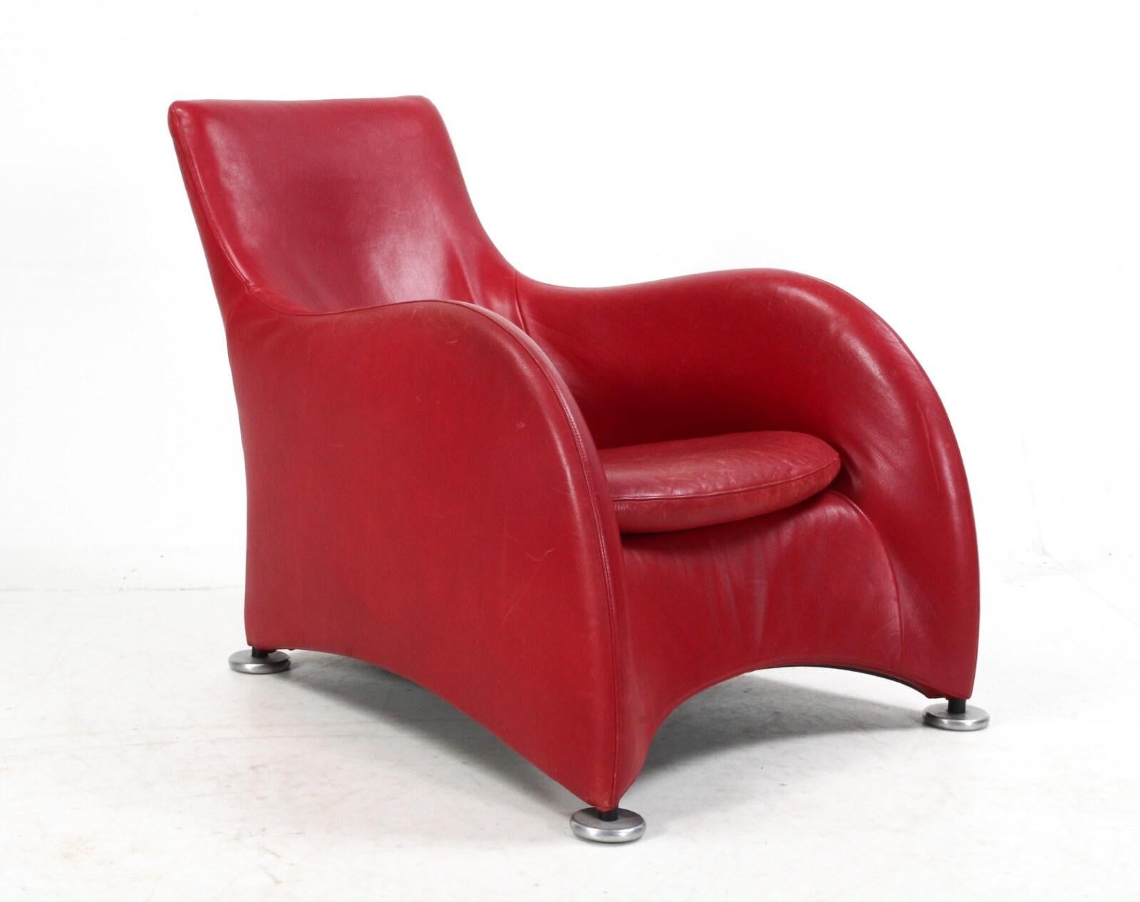Gerard Van Den Berg Sillón con Otomana de Piel Roja Modelo 