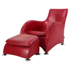 Gerard Van Den Berg Chaise longue avec pouf en cuir rouge Model No.