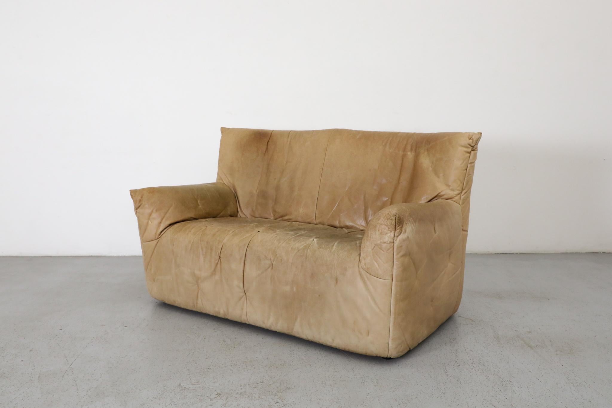 Dutch Gerard van den Berg Natural Leather High Back Loveseat with Tufting For Sale