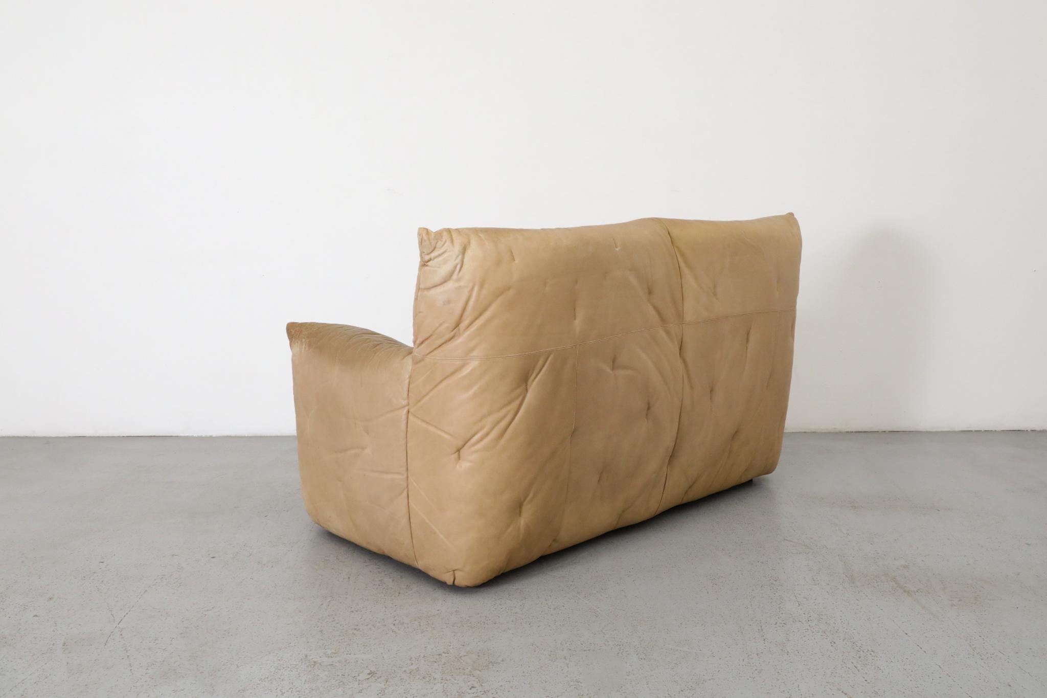 Late 20th Century Gerard van den Berg Natural Leather High Back Loveseat with Tufting For Sale