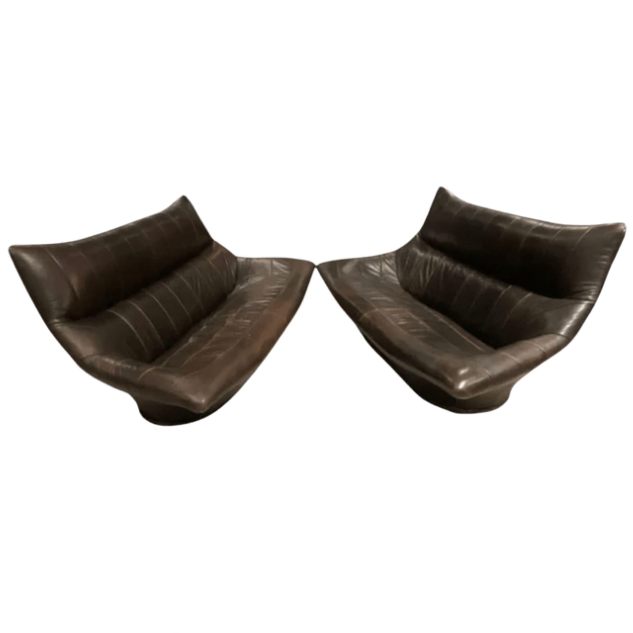 Gerard Van Den Berg
Netherlands
c. 1970
Pair of leather sofas
Original brown leather upholstery
Wear is consistent with Age & Use
Identical Pair

Van den Berg designed furniture for his father until founding Montis with his brother Ton in