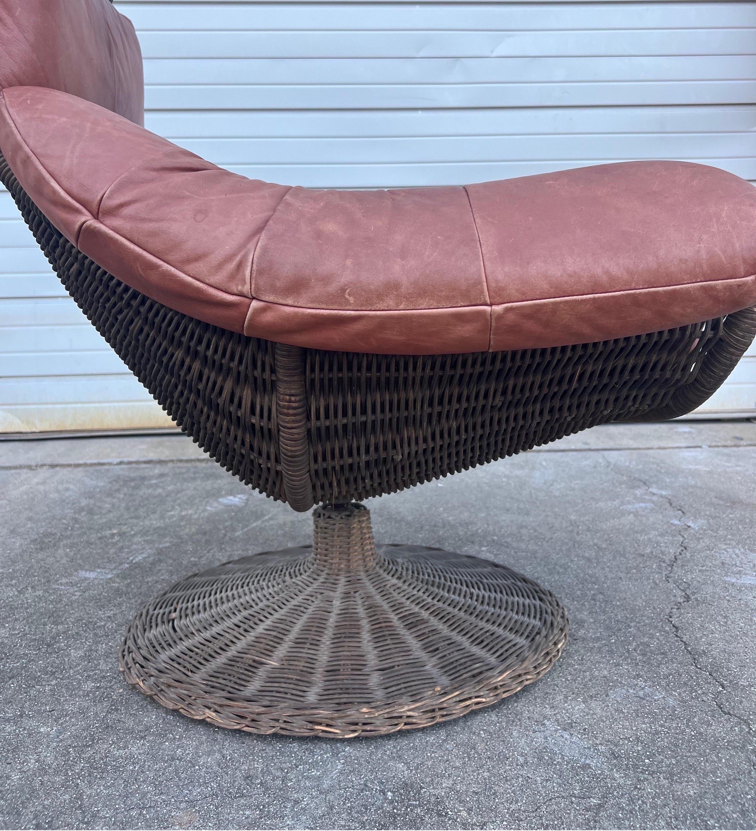 Late 20th Century Gerard Van Den Berg Rattan and Leather Swivel Lounge