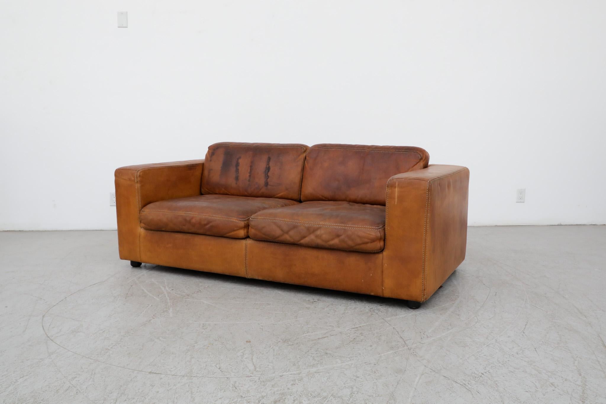 Mid-Century Modern Gerard van den Berg Style soft Form Cognac Leather Love Seat by Durlet