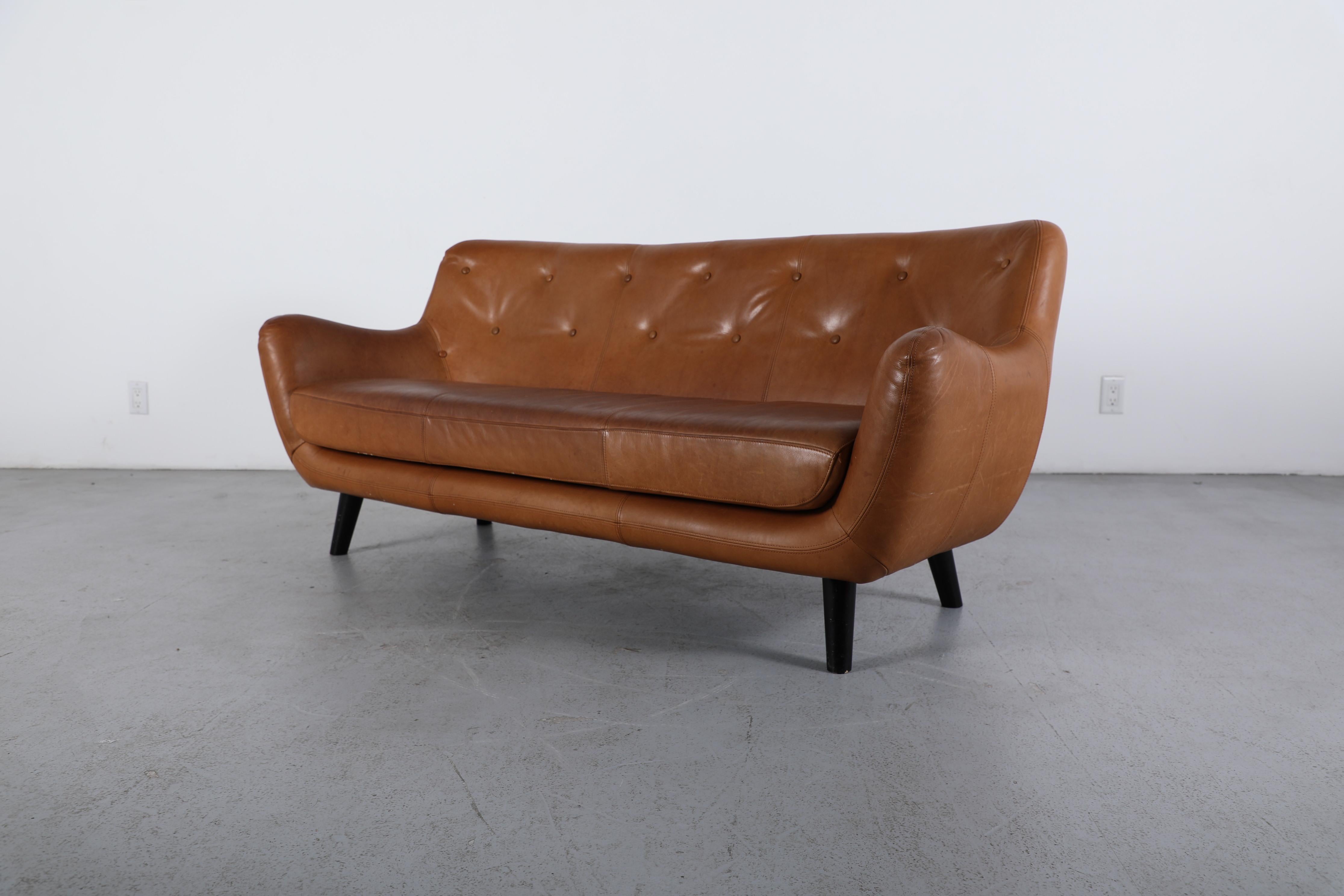 Sofá de piel acolchada estilo Gerard Van Den Berg, coñac natural en venta 12