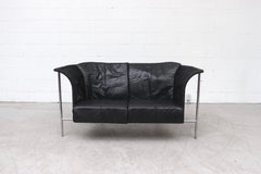 Gerard van den Berg Style Wing Back Black Rattan Loveseat Sofa