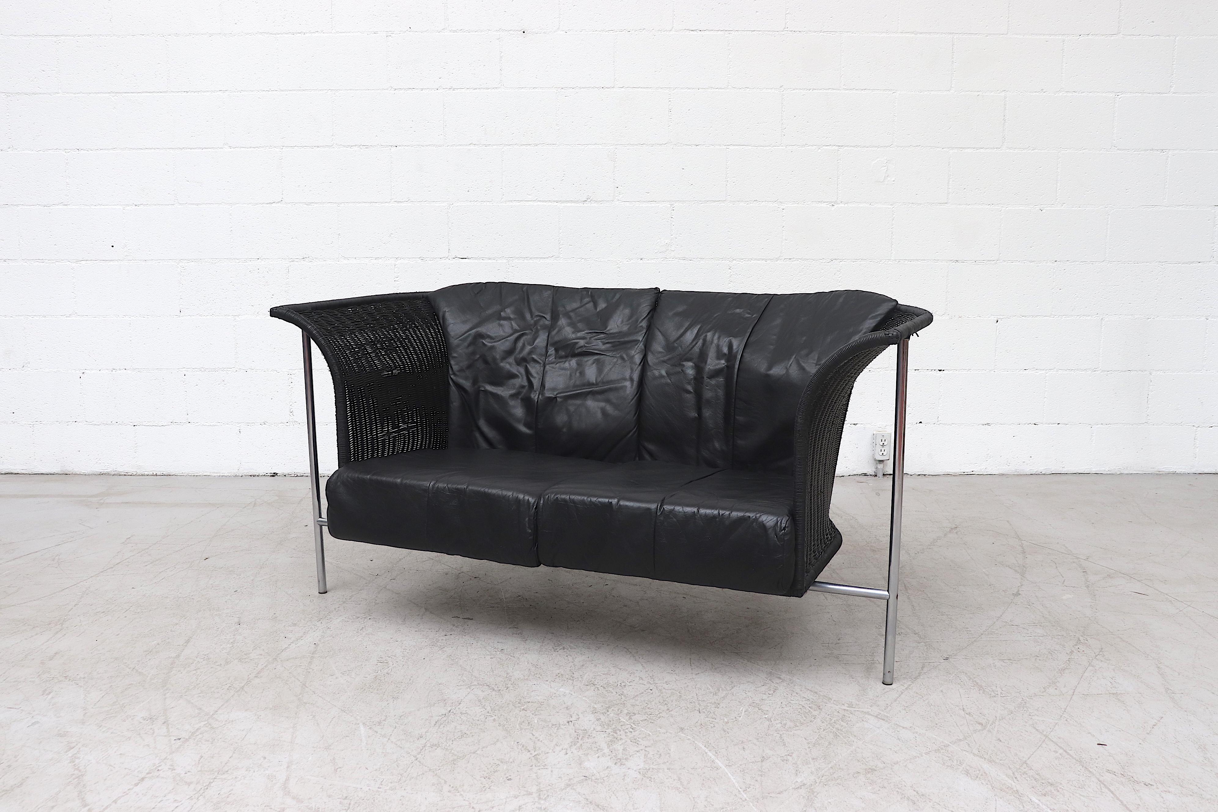 Mid-Century Modern Gerard van den Berg Style Wing Back Black Rattan Loveseat Sofa