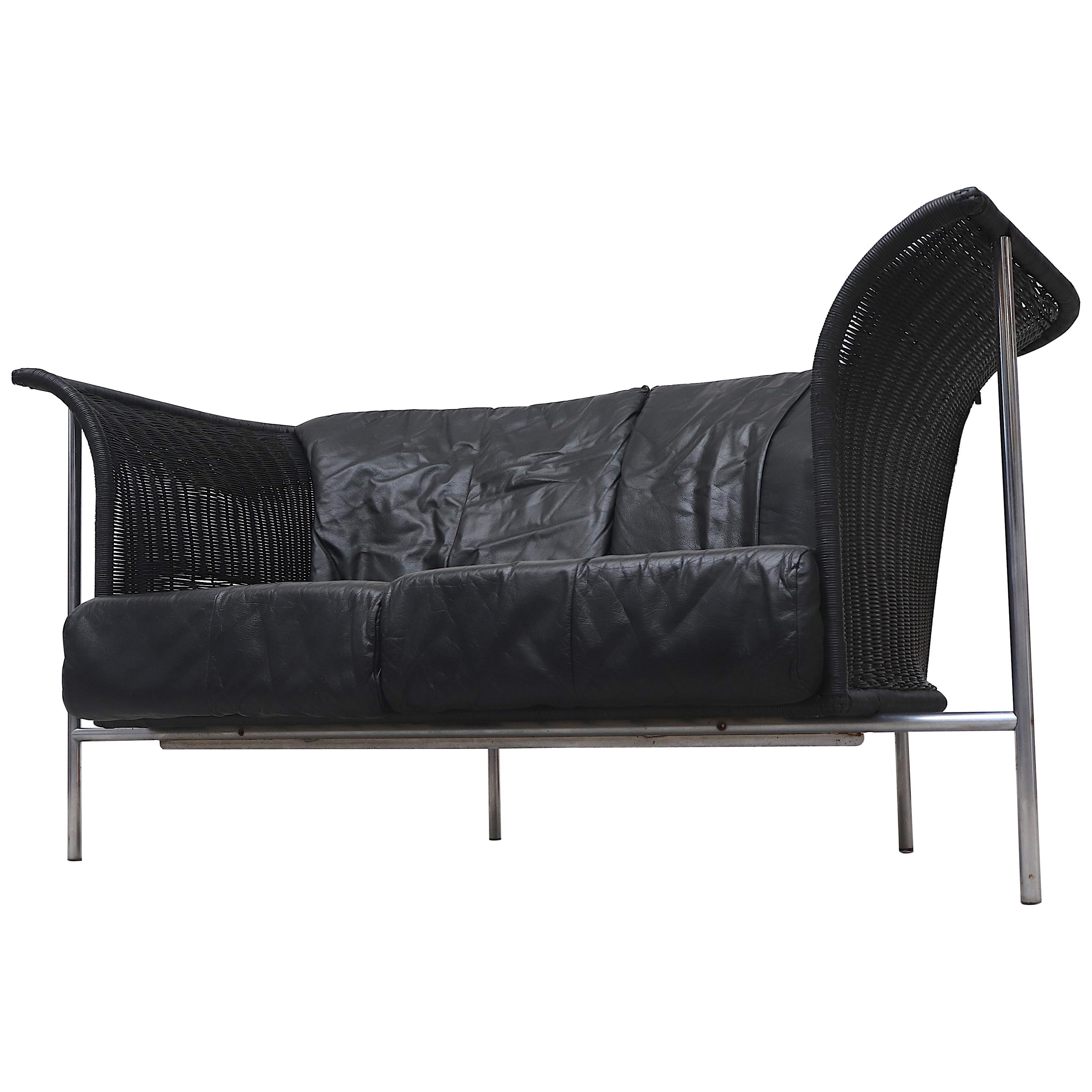 Gerard van den Berg Style Wing Back Black Rattan Loveseat Sofa