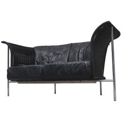 Gerard van den Berg Style Wing Back Black Rattan Loveseat Sofa