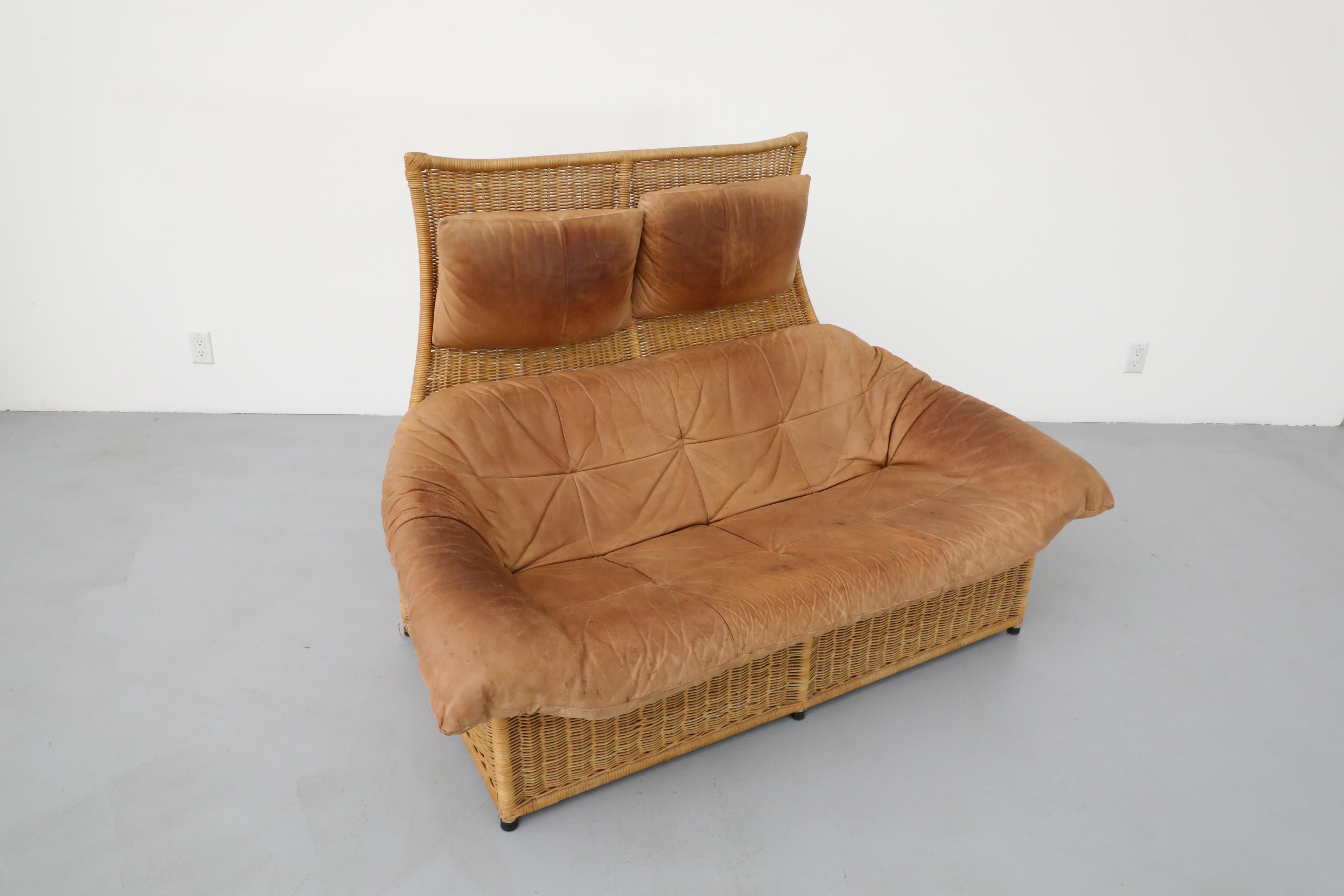 Gerard van den Berg Tall Back Light Brown Leather and Rattan Loveseat for Montis For Sale 4
