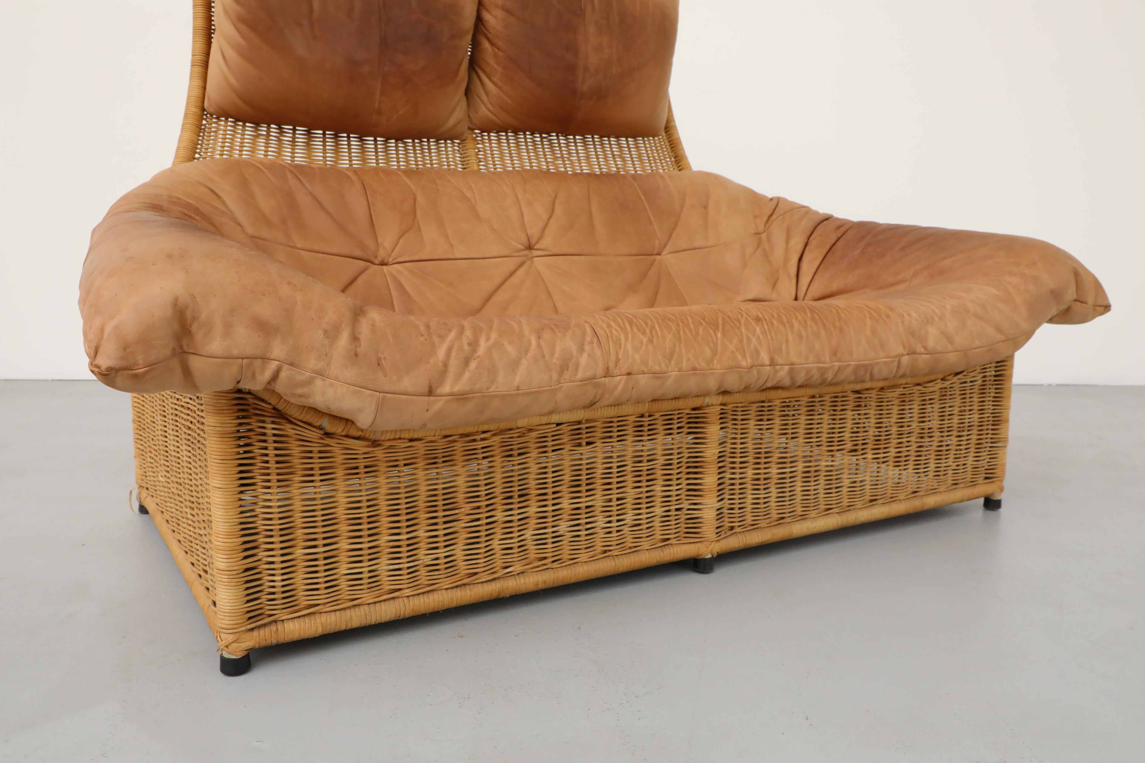 Gerard van den Berg Tall Back Light Brown Leather and Rattan Loveseat for Montis For Sale 11