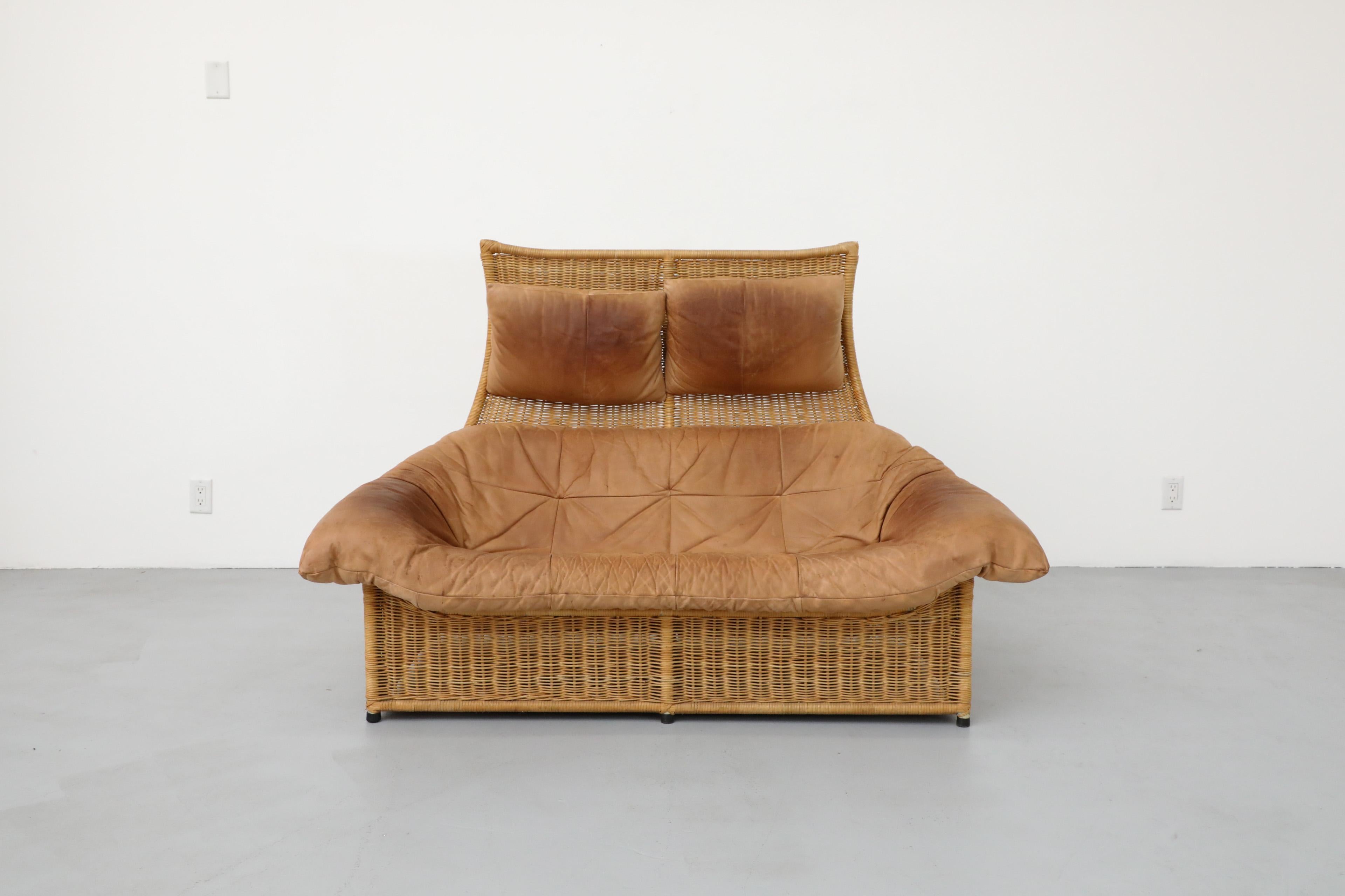 Mid-Century Modern Gerard van den Berg Tall Back Light Brown Leather and Rattan Loveseat for Montis For Sale