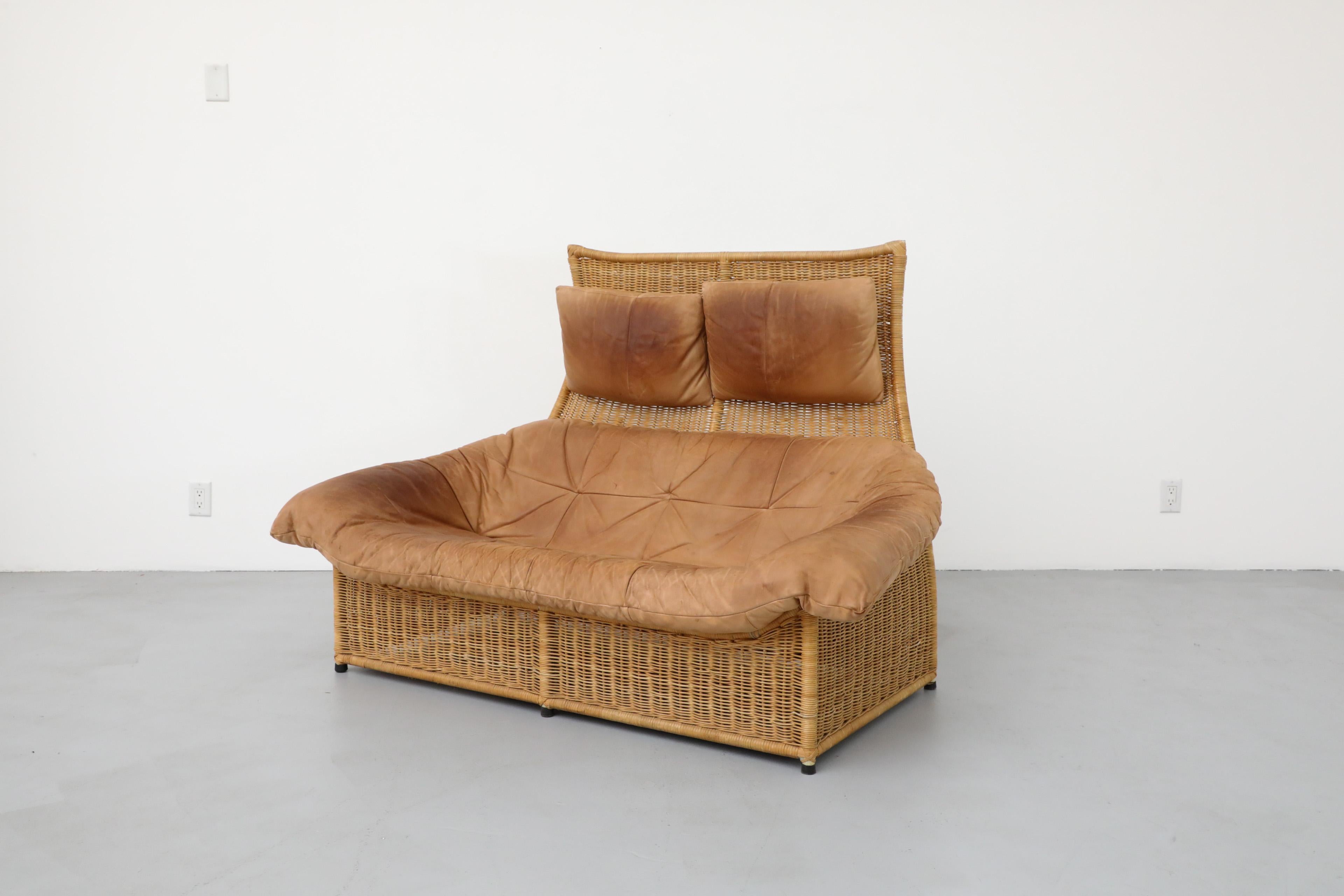 Dutch Gerard van den Berg Tall Back Light Brown Leather and Rattan Loveseat for Montis For Sale