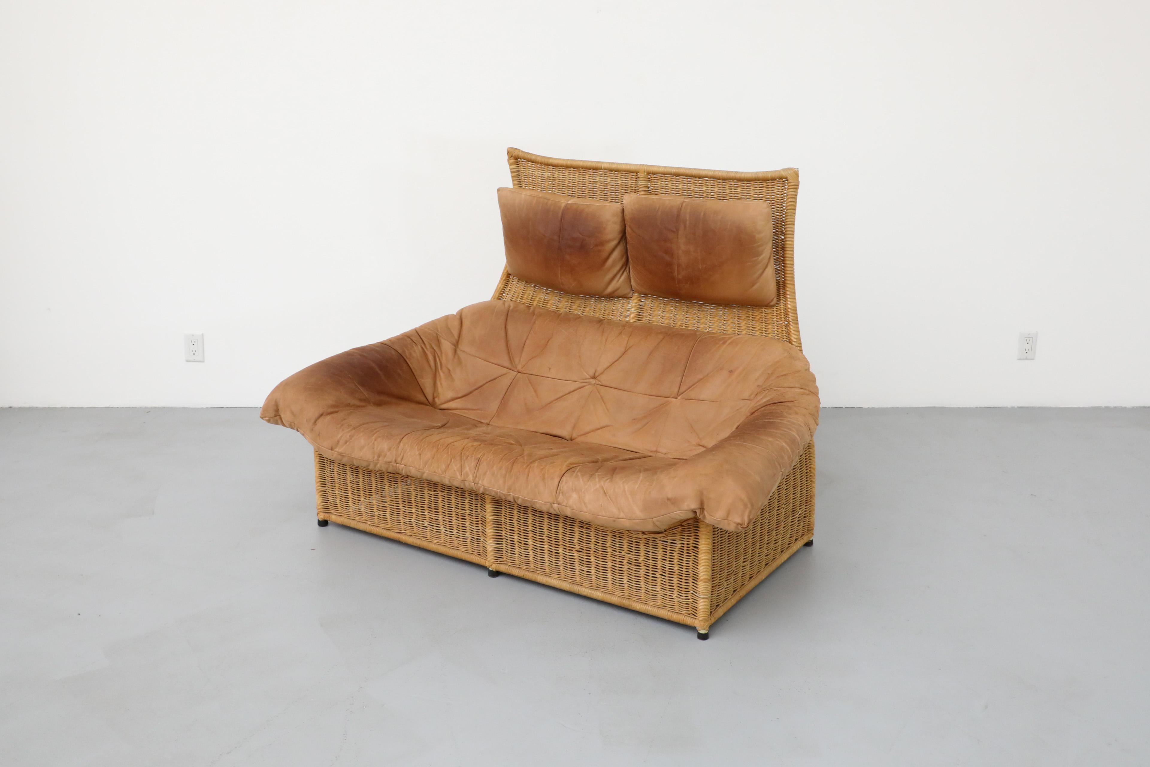 Gerard van den Berg Tall Back Light Brown Leather and Rattan Loveseat for Montis In Good Condition For Sale In Los Angeles, CA