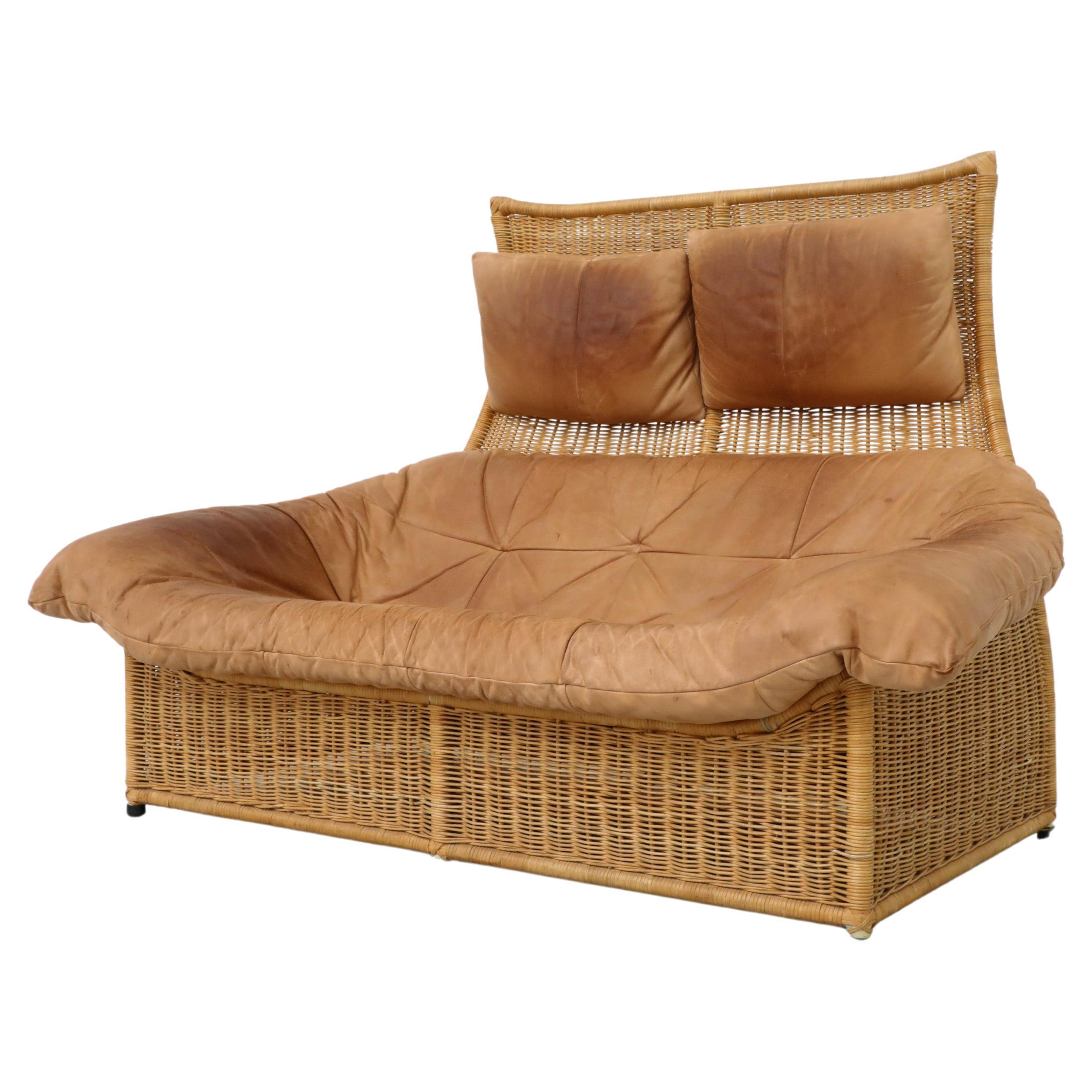 Gerard van den Berg Tall Back Light Brown Leather and Rattan Loveseat for Montis For Sale