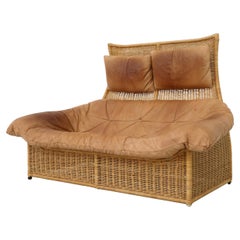 Used Gerard van den Berg Tall Back Light Brown Leather and Rattan Loveseat for Montis