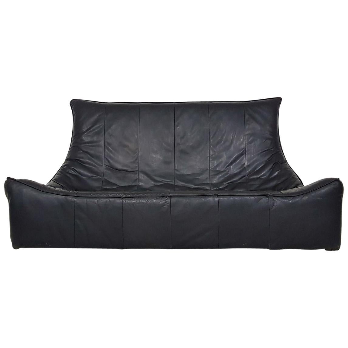 Gerard van den Berg "The Rock" Black Leather 3 Seat Sofa, Brutalist Dutch Design