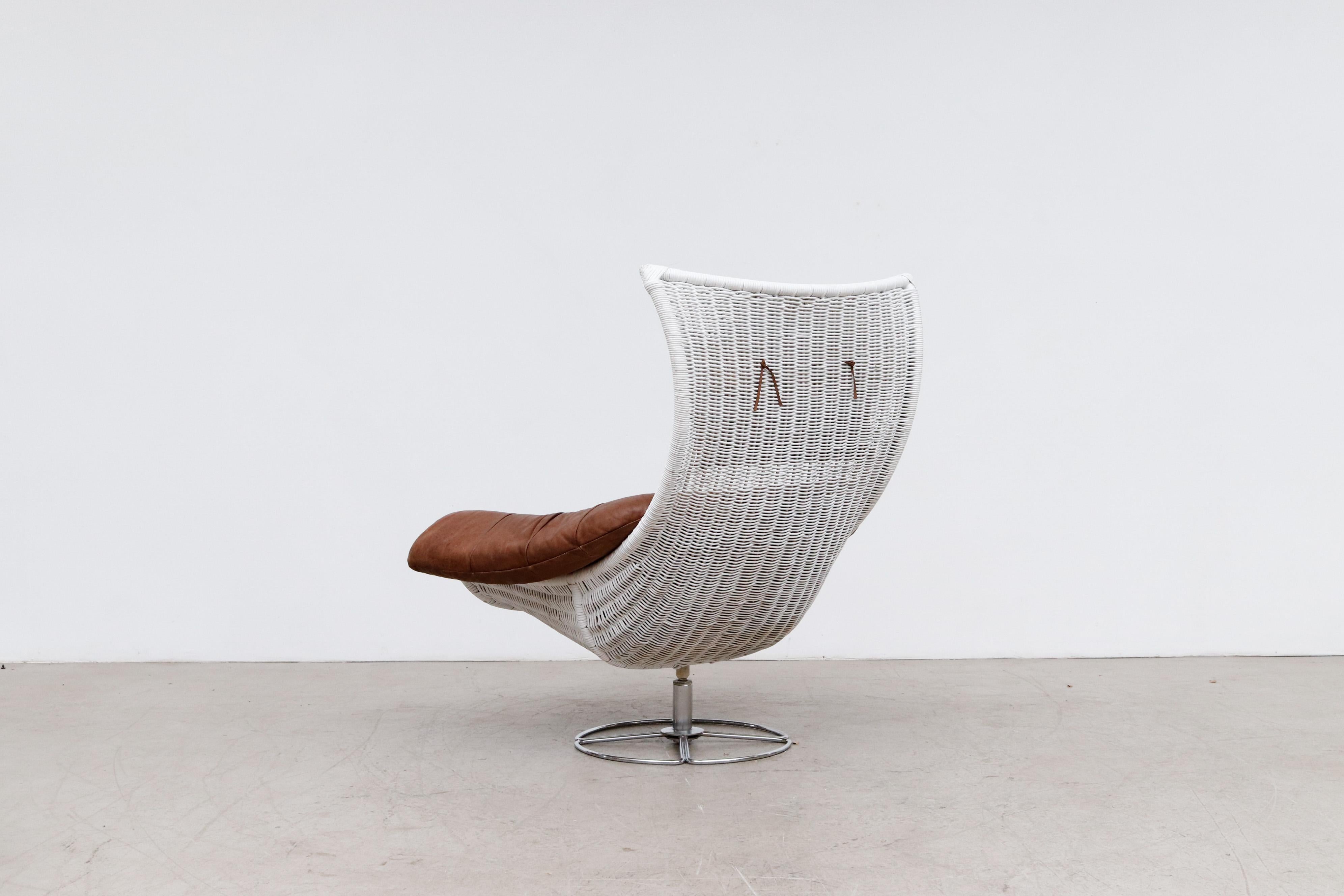 Dutch Gerard van den Berg White Rattan and Leather Lounge Chair