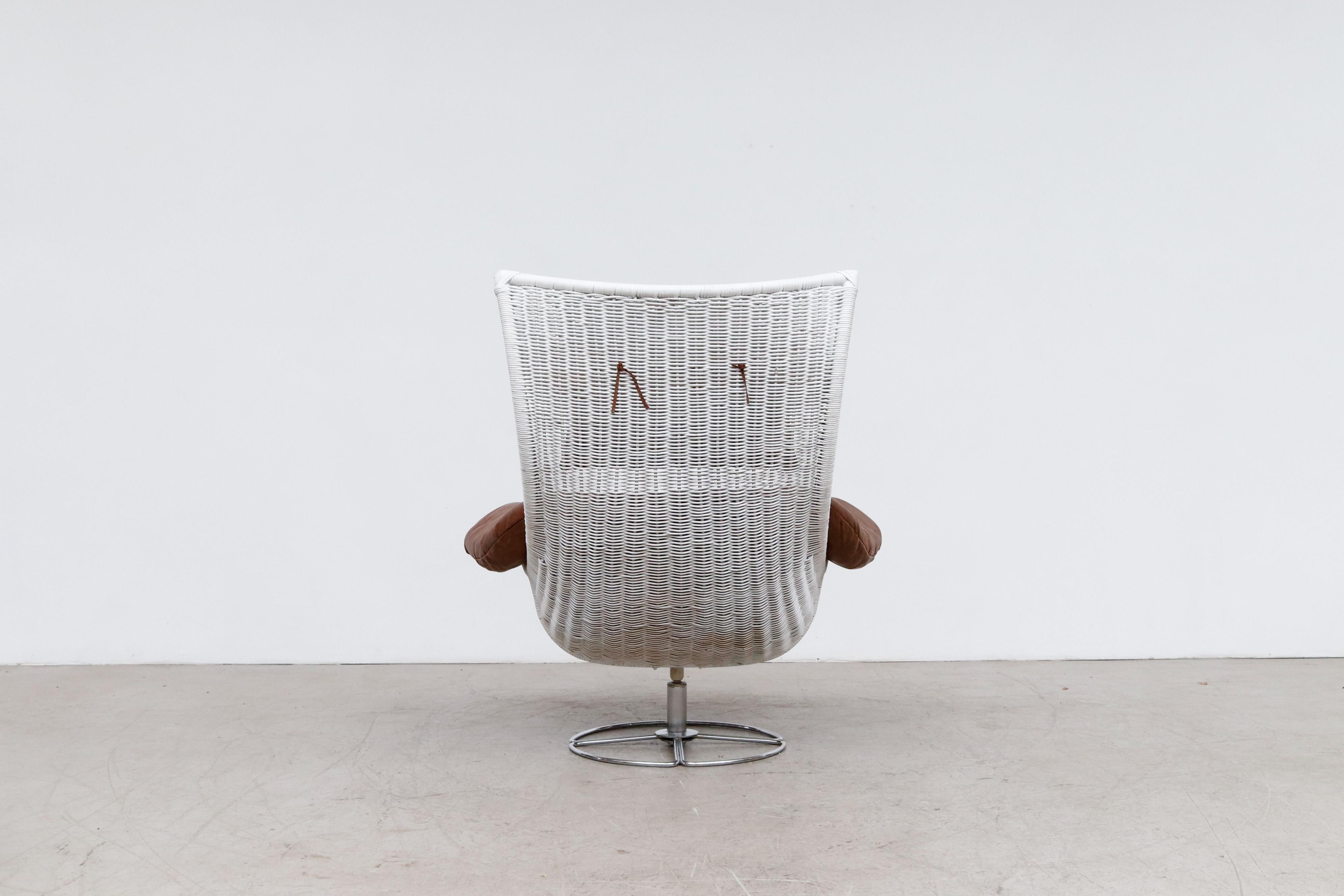 Mid-Century Modern Gerard van den Berg White Rattan and Leather Lounge Chair