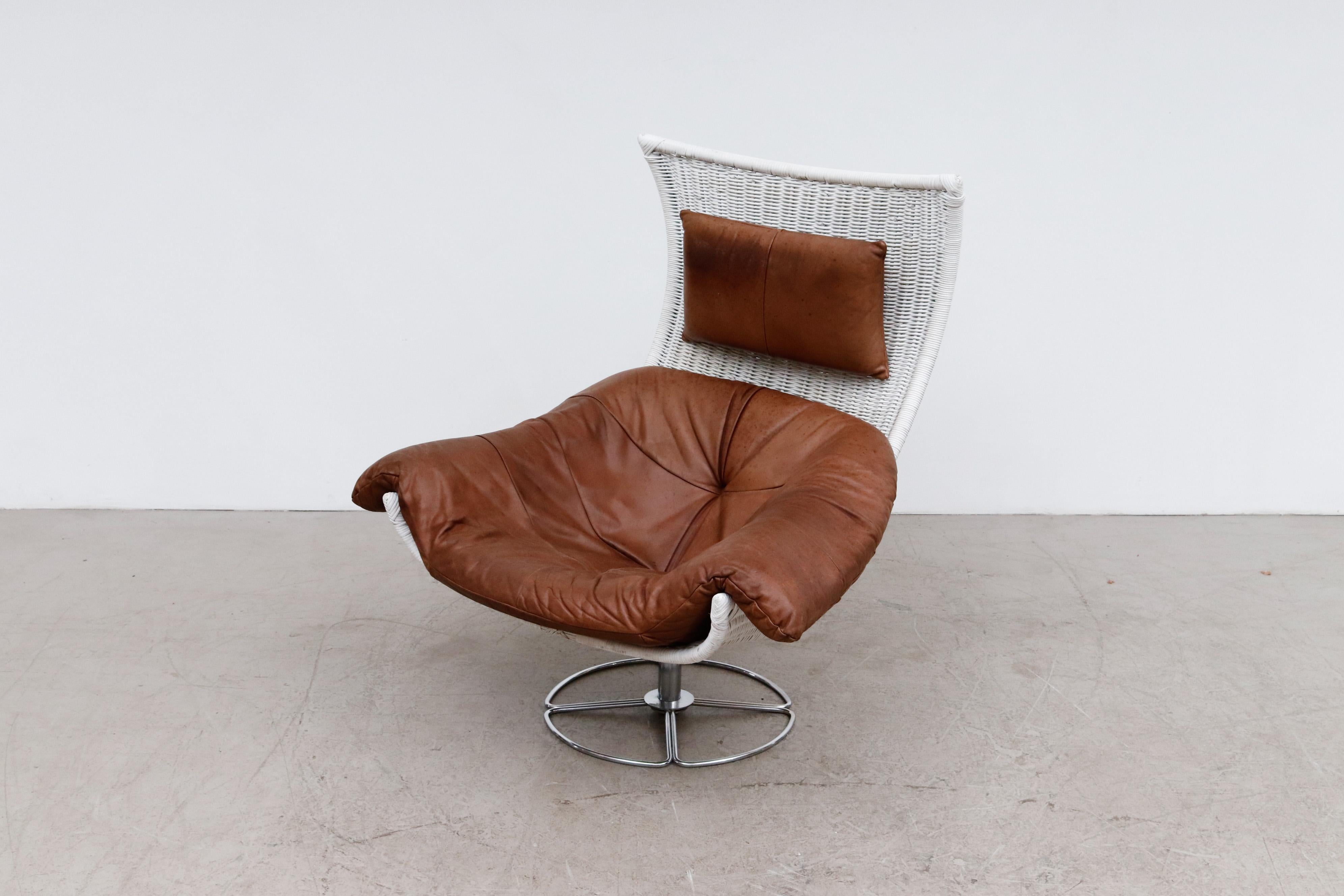 Fin du 20e siècle Chaise longue en rotin blanc et cuir Gerard van den Berg en vente