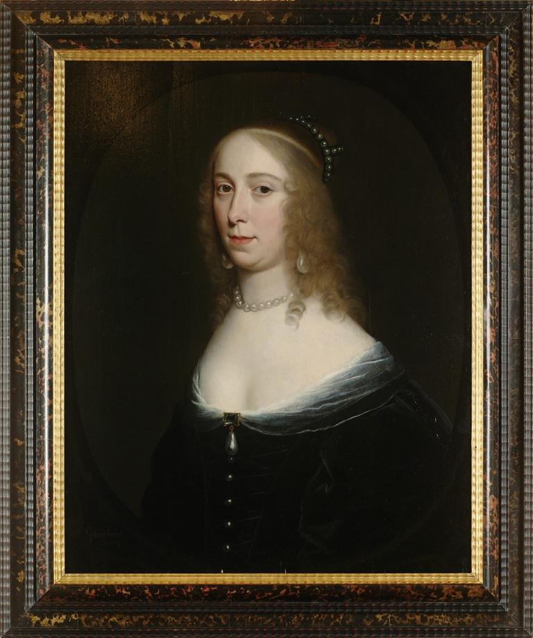 The Pearl Lady, Oil on board signed Honthorst, dated 1644  - Painting by Gerard van Honthorst