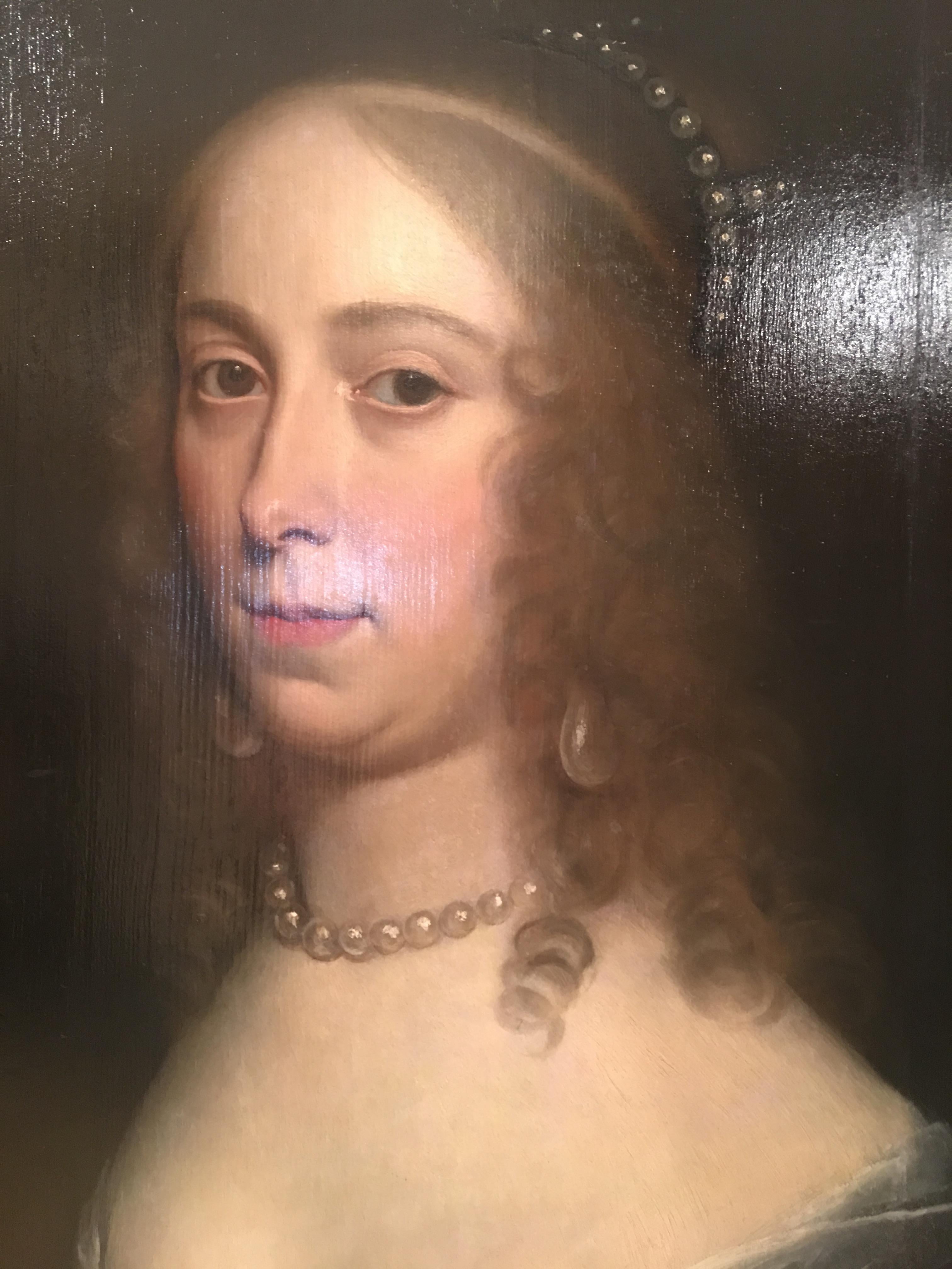 The Pearl Lady, Oil on board signed Honthorst, dated 1644  - Black Portrait Painting by Gerard van Honthorst