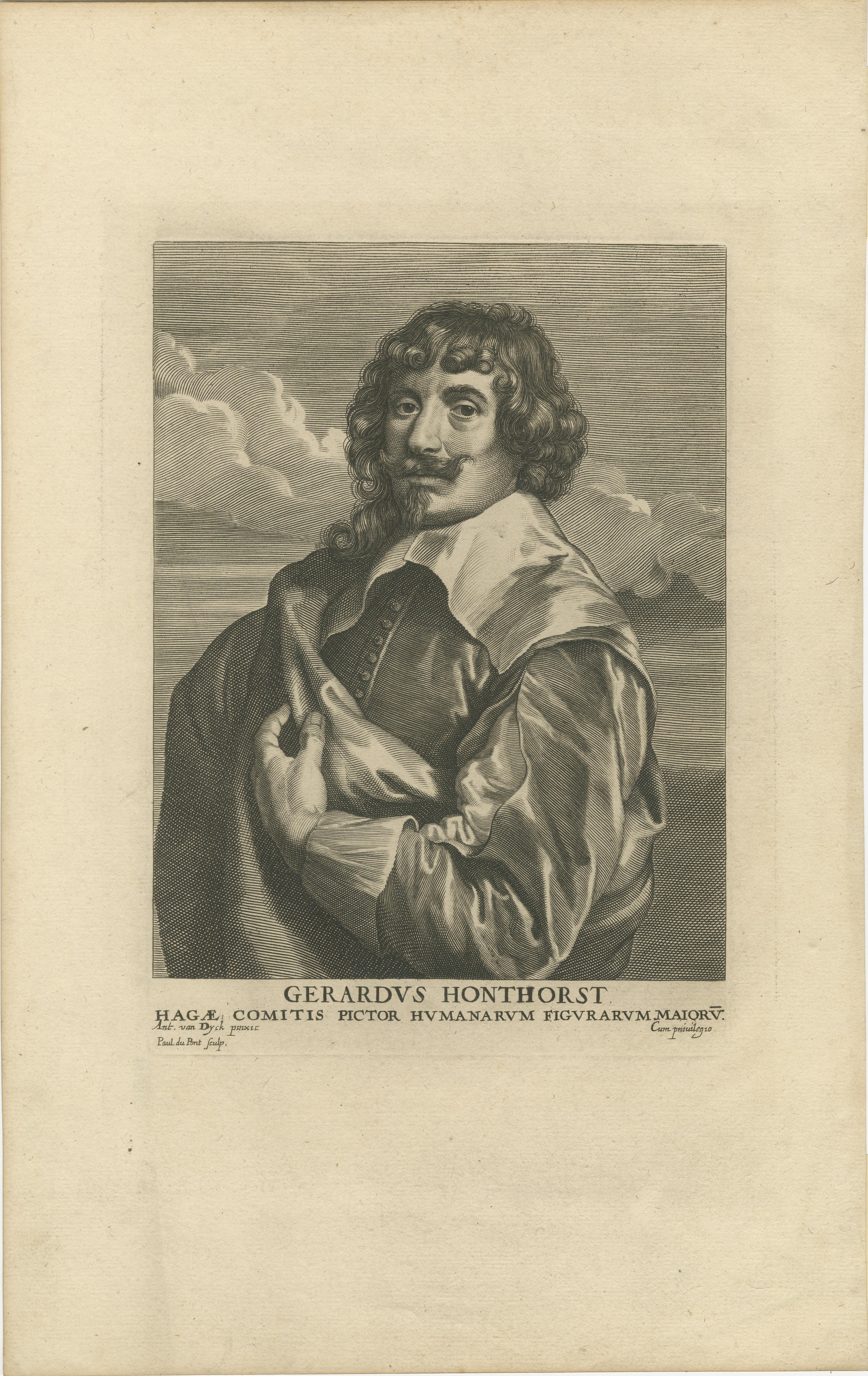 Title: Gerard van Honthorst – Antique Portrait Engraving by Paulus Pontius after Van Dyck, circa 1630-1641

Description:
This is an impressive and finely executed 17th-century engraved portrait of Gerard van Honthorst, one of the foremost painters