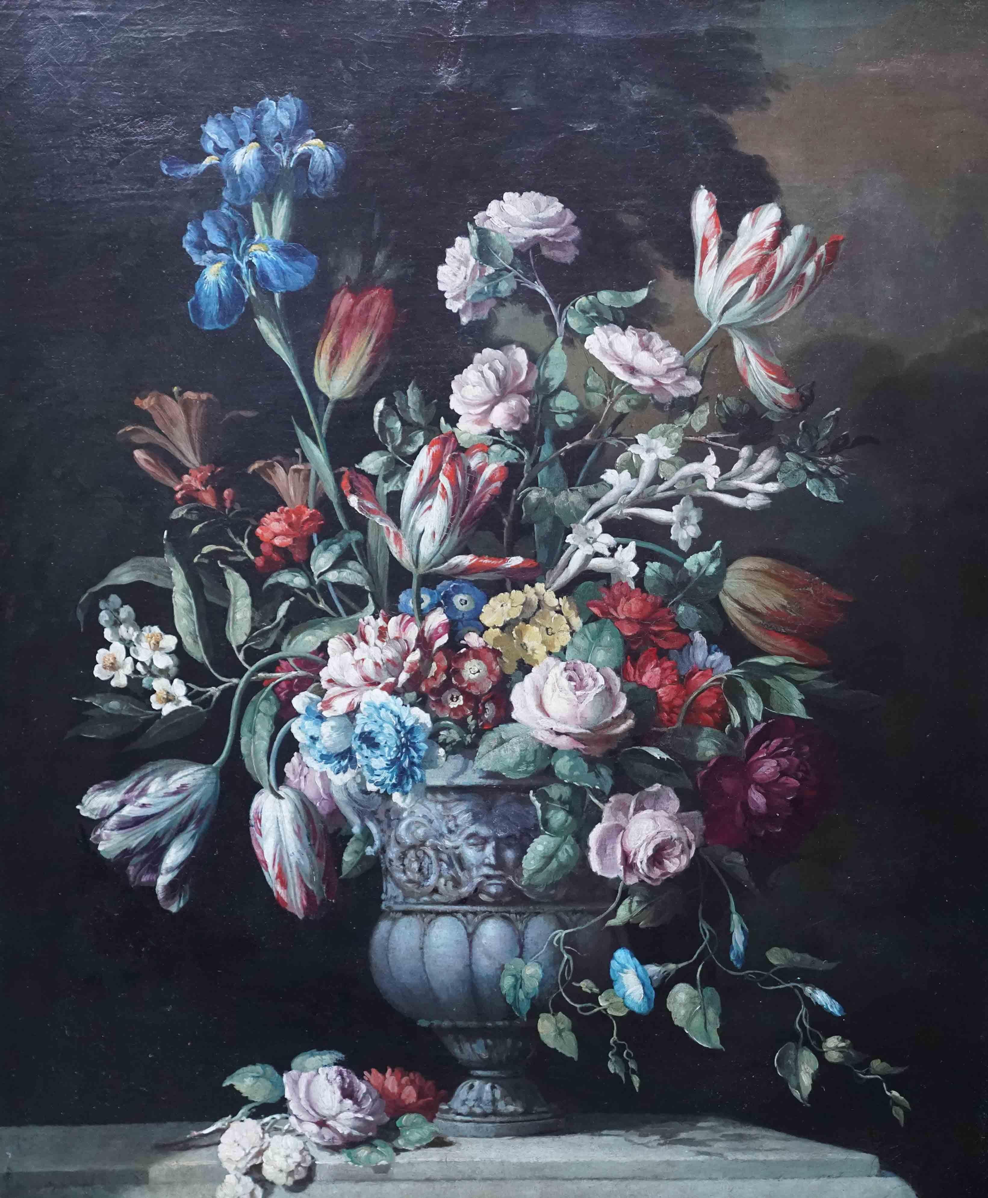 Stillleben mit Blumen in ornamentaler Urne auf Ledge – Ölgemälde eines niederländischen Alten Meisters im Angebot 8