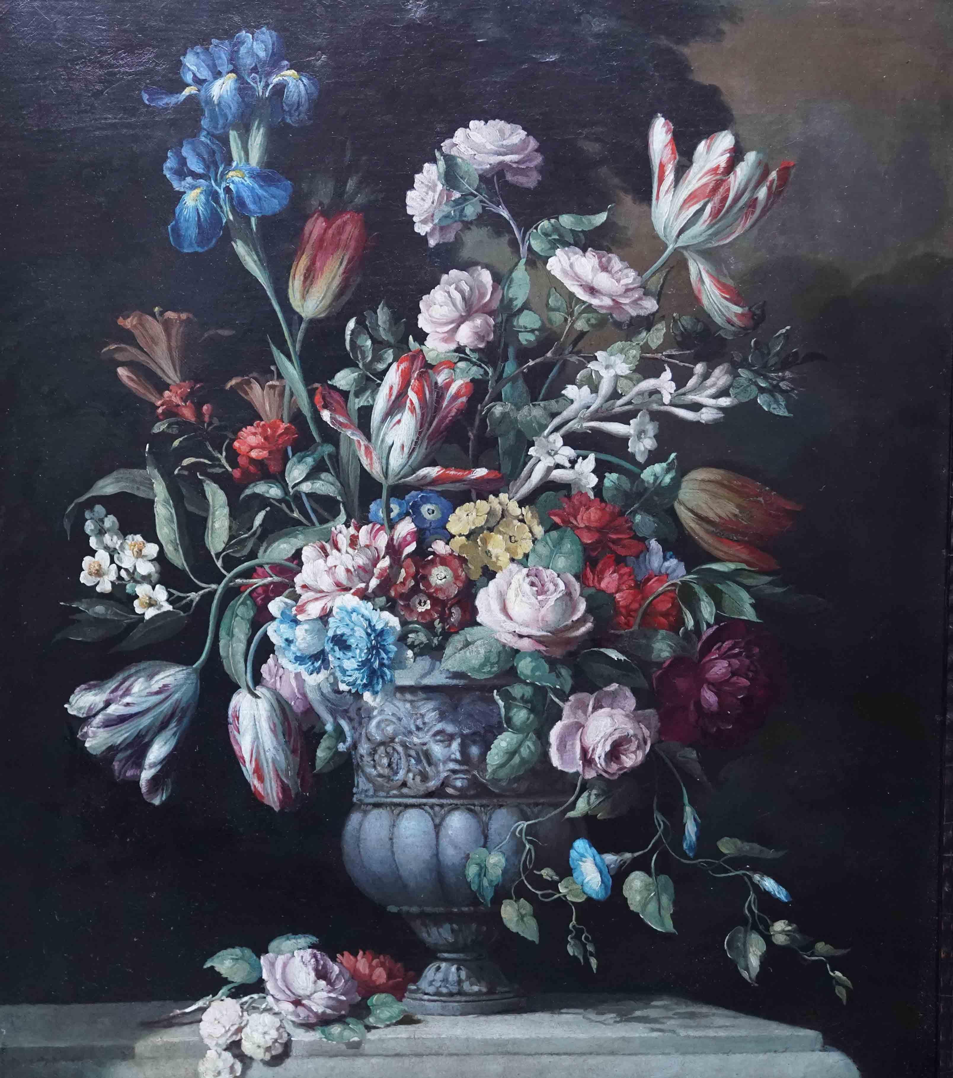 Stillleben mit Blumen in ornamentaler Urne auf Ledge – Ölgemälde eines niederländischen Alten Meisters (Alte Meister), Painting, von Gerard van Spaendonck