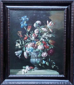 Natura morta di fiori in un'urna ornamentale su una sporgenza - pittura ad olio olandese del Vecchio Maestro