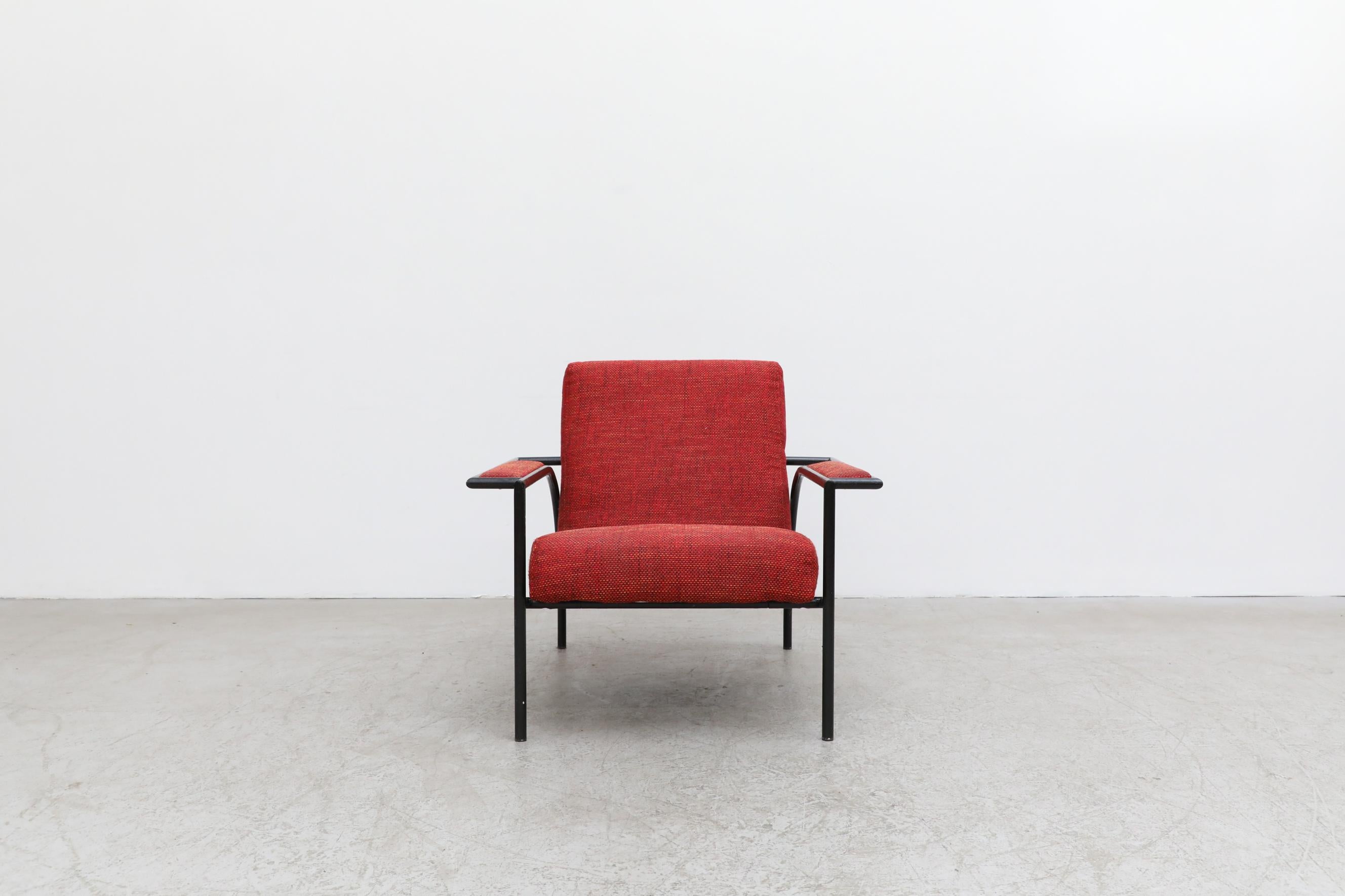 1980's Gerard Vollenbrock Lounge Chair for Gelderland with Original Red Upholstery and Black Enameled Frame. In original condition with some visible wear on frame, consistent with its age and use.