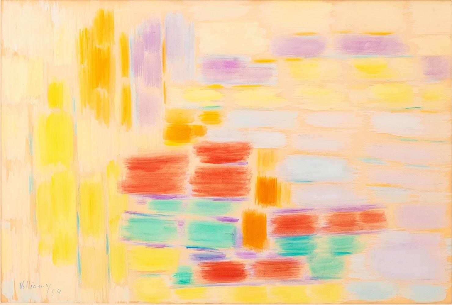Gerard Vulliamy (Franzose, 1909-2005), Abstrakte Komposition, Aquarell auf Papier, 1954, mit Bleistift signiert und unten links datiert, Rahmen aus Goldholz. Bild: 16
