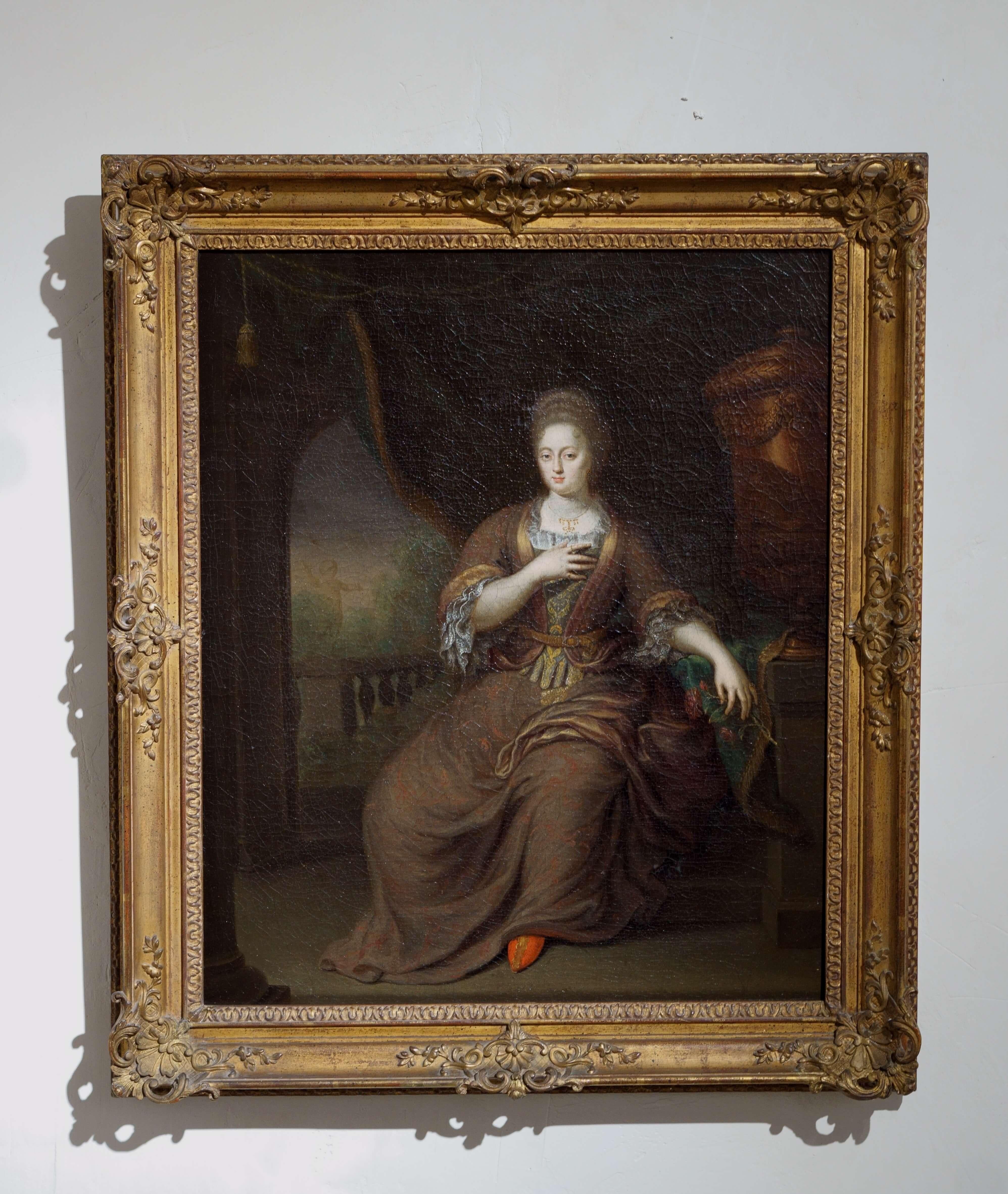 Retrato de dama con joyas Escuela holandesa Siglo XVIII Firmado con marco - Portrait Painting Black de Gerard Wigmana