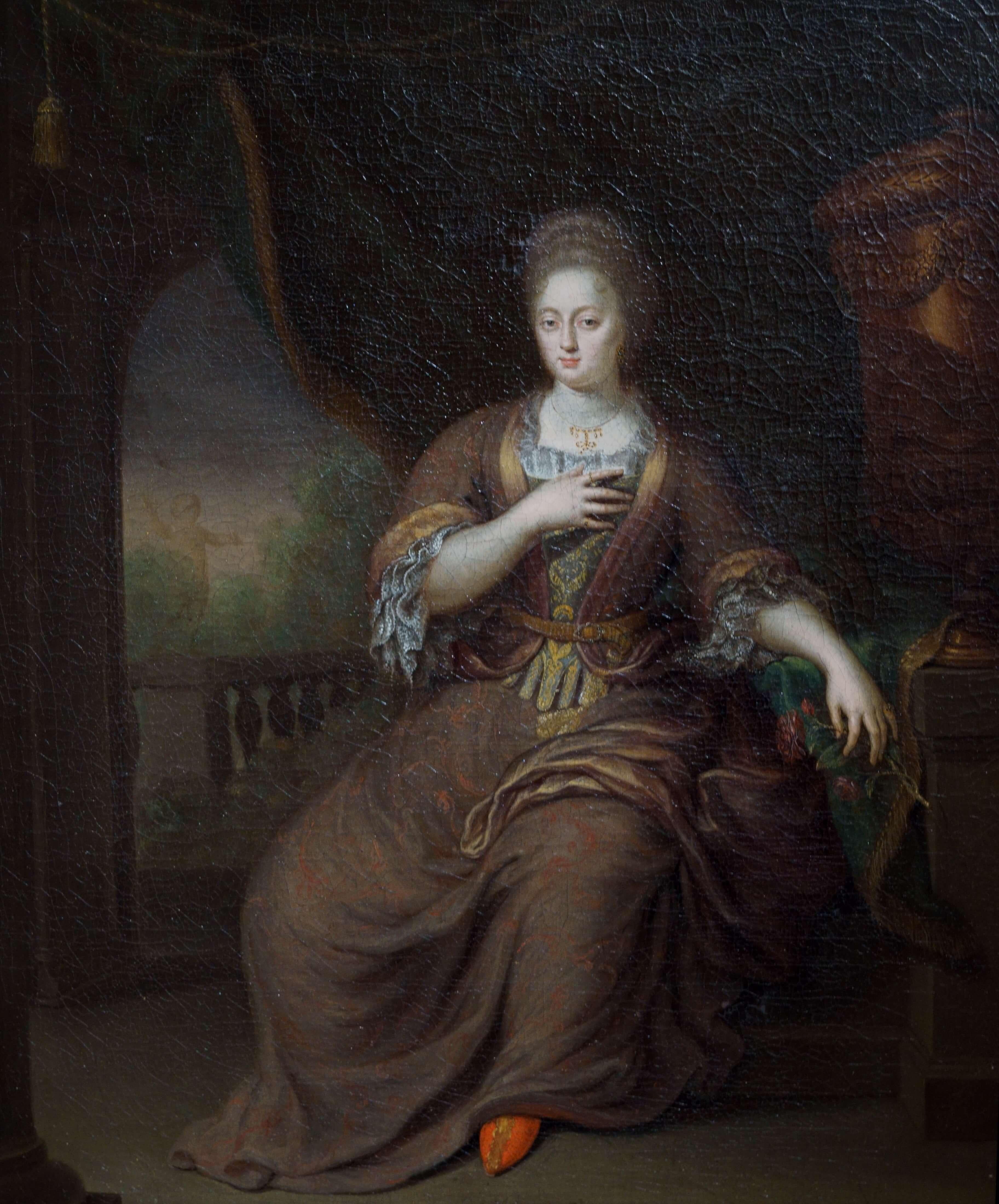 Retrato de mujer con joyas, escuela holandesa de principios del siglo XVIII, obra del pintor Gérard Wigama (1673-1741). Monograma en la esquina inferior derecha de la base de la columna GW. Certificado de exportación de Bellas Artes