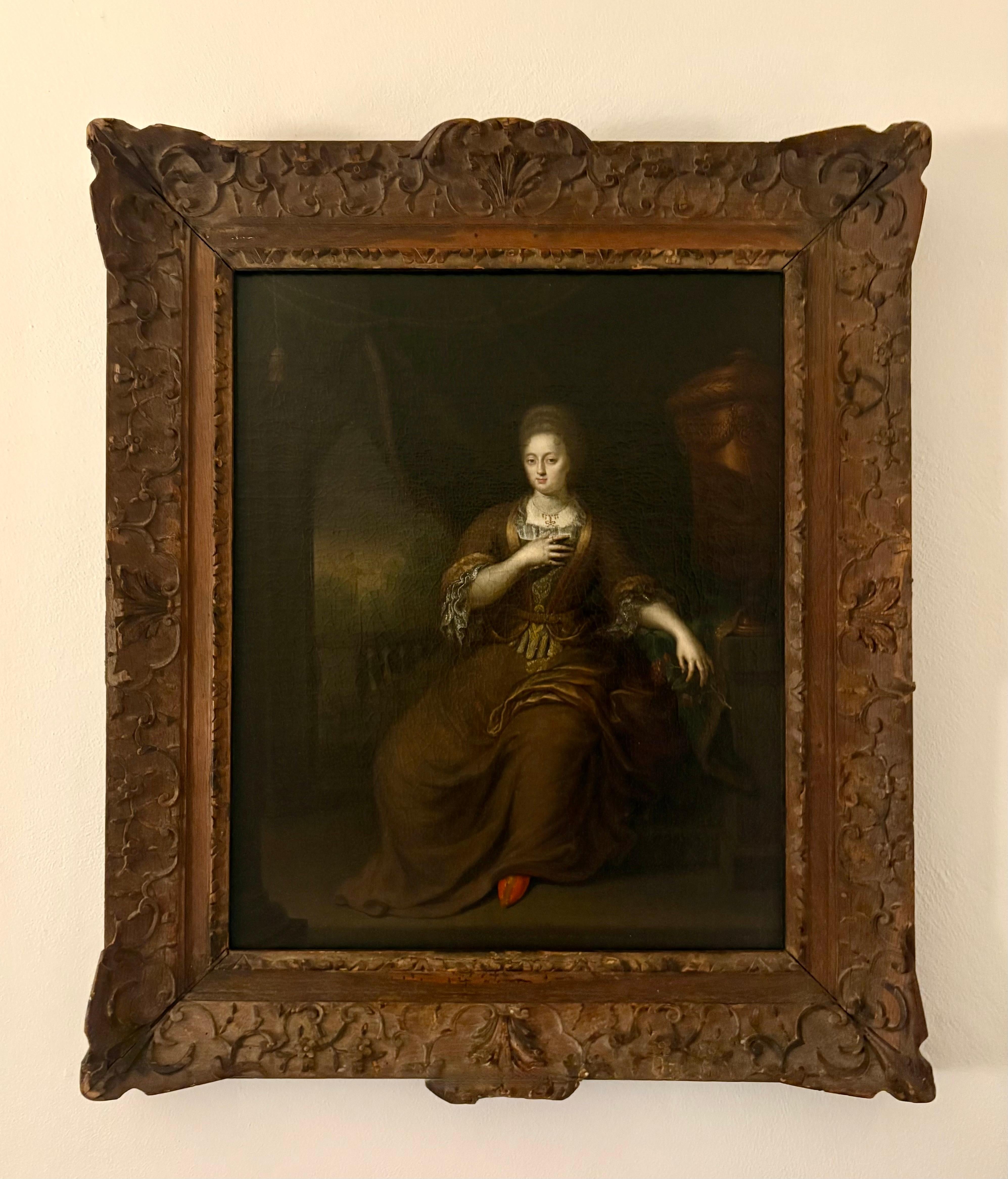 Portrait Painting di Gerard Wigmana - Ritratto di Dama con Gioielli Scuola Olandese XVIII secolo Firmato con Cornice