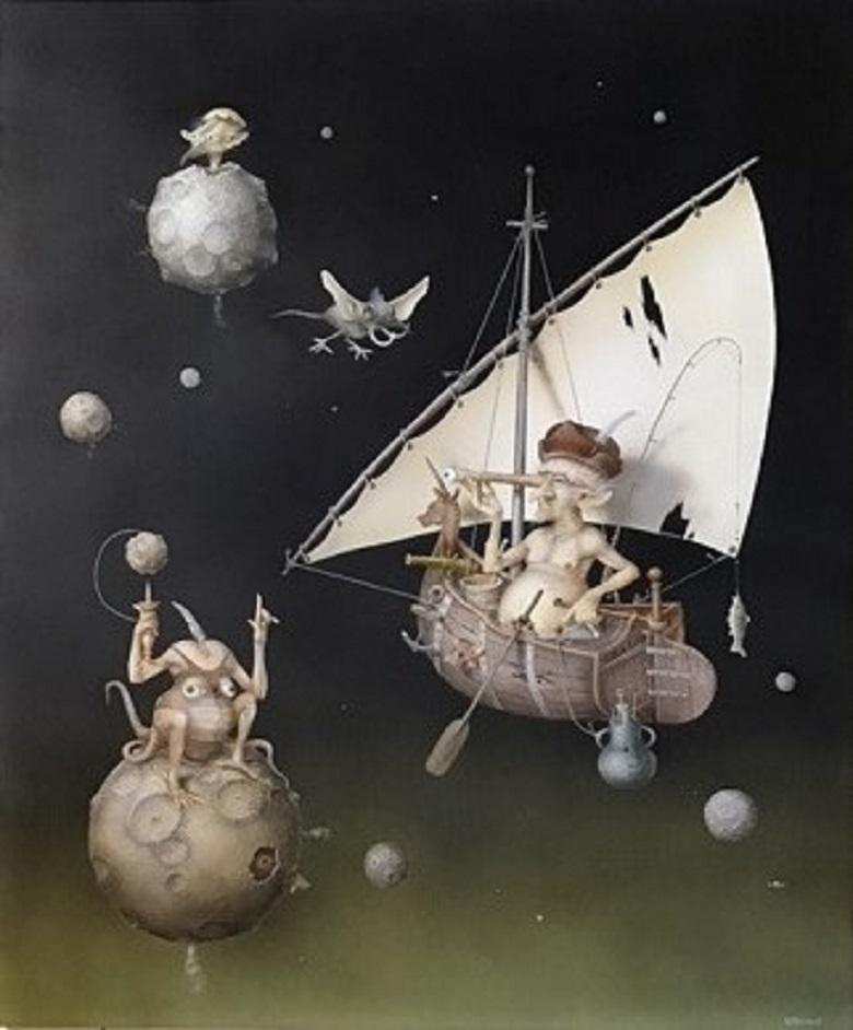 A la Rencontre des Mondes Habites Tempera auf Tafel Surrealismus Vorrätig