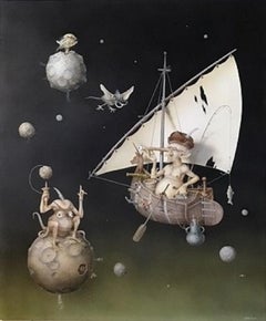 A la Rencontre des Mondes Habites Tempera on Panel Surrealism In Stock