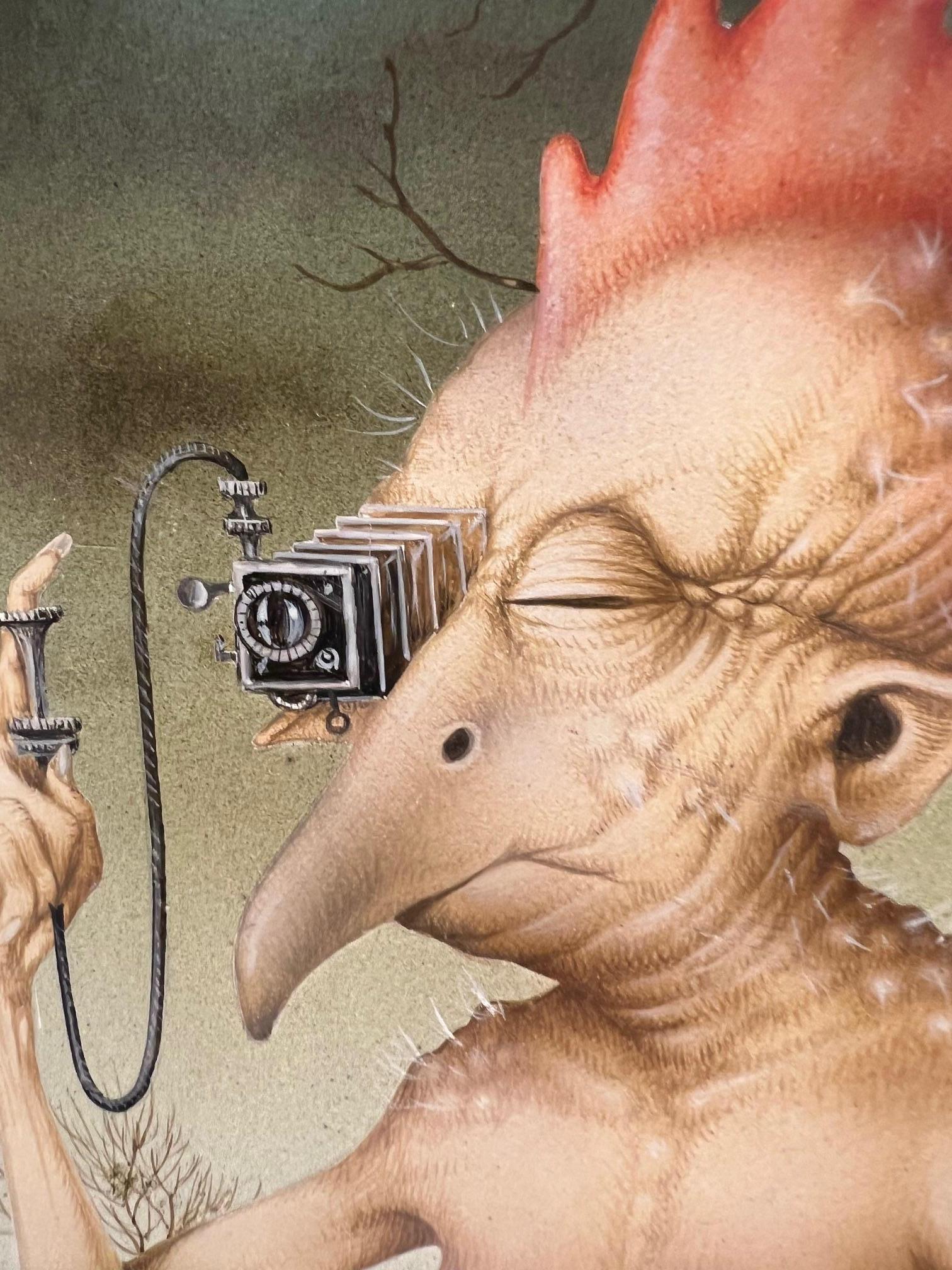 Je Boycotte Kodac Boycot Kodak Tempera on Panel Painting Surrealism In Stock - Black Figurative Painting by Gérard Willemenot