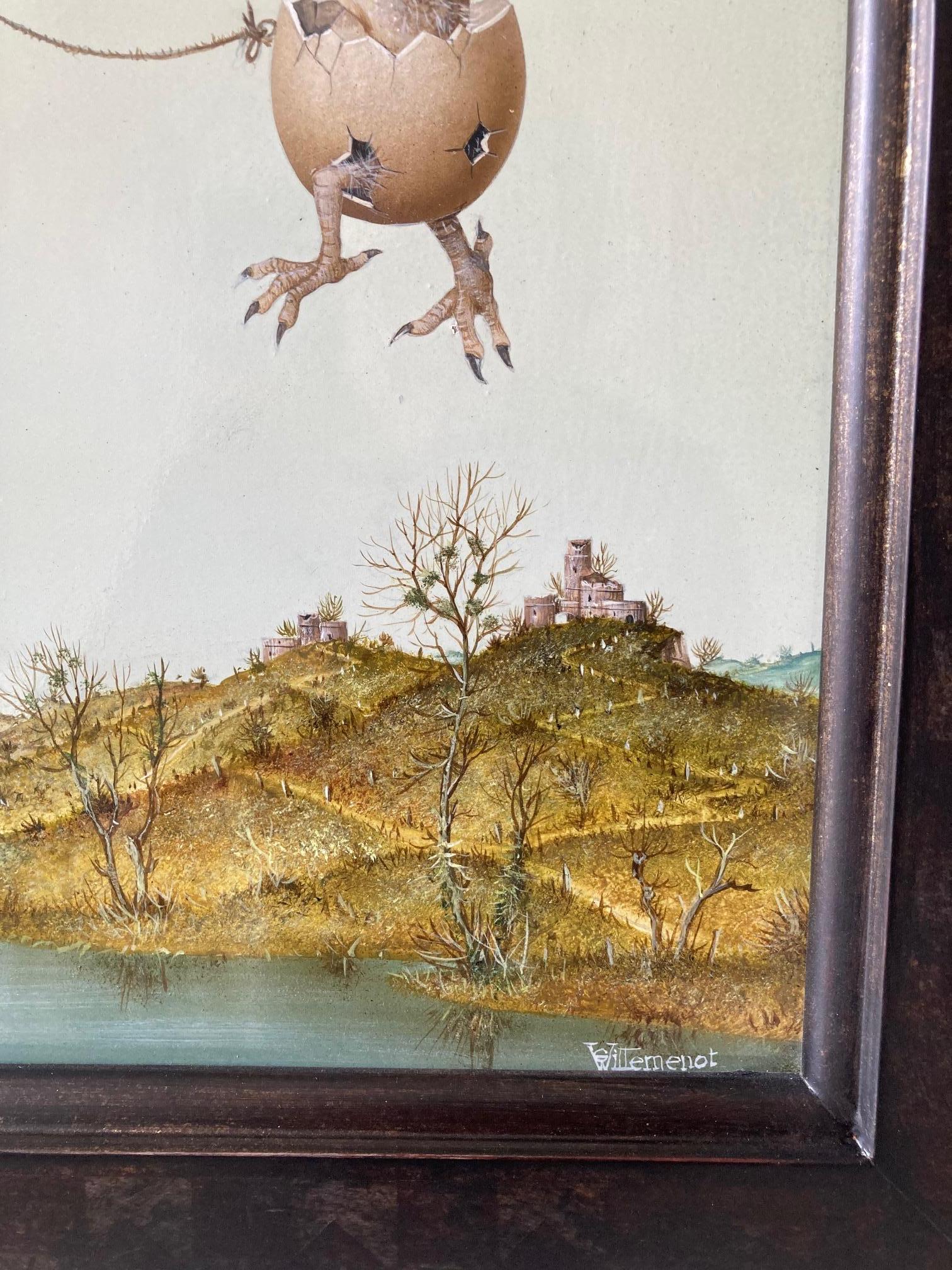 L' Apprentissage du vol Pittura Tempera su pannello Uccelli a palloncino In magazzino - Figurative Painting Nero di Gérard Willemenot