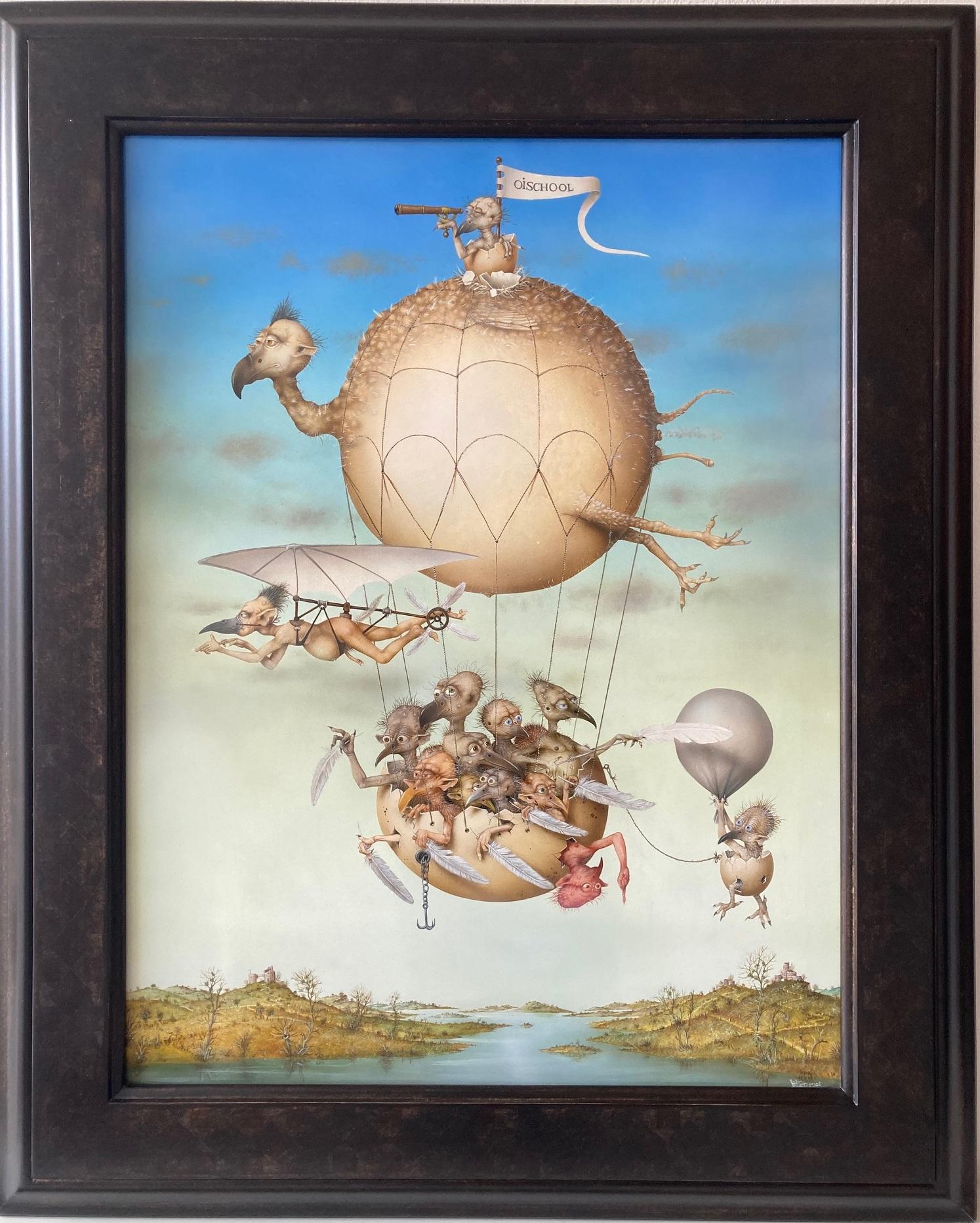 Figurative Painting Gérard Willemenot - « L' Apprentissage du vol » Peinture Tempera sur panneau Oiseaux ballons en stock