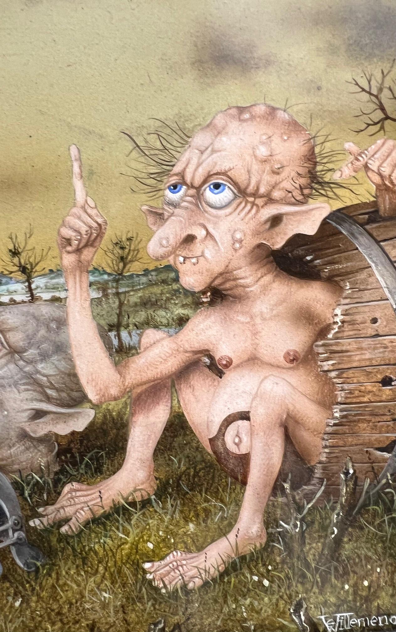 La Chute d'Icare Tempera on Panel Painting Icarus Falling Mythe Surreel In Stock - Beige Figurative Painting by Gérard Willemenot